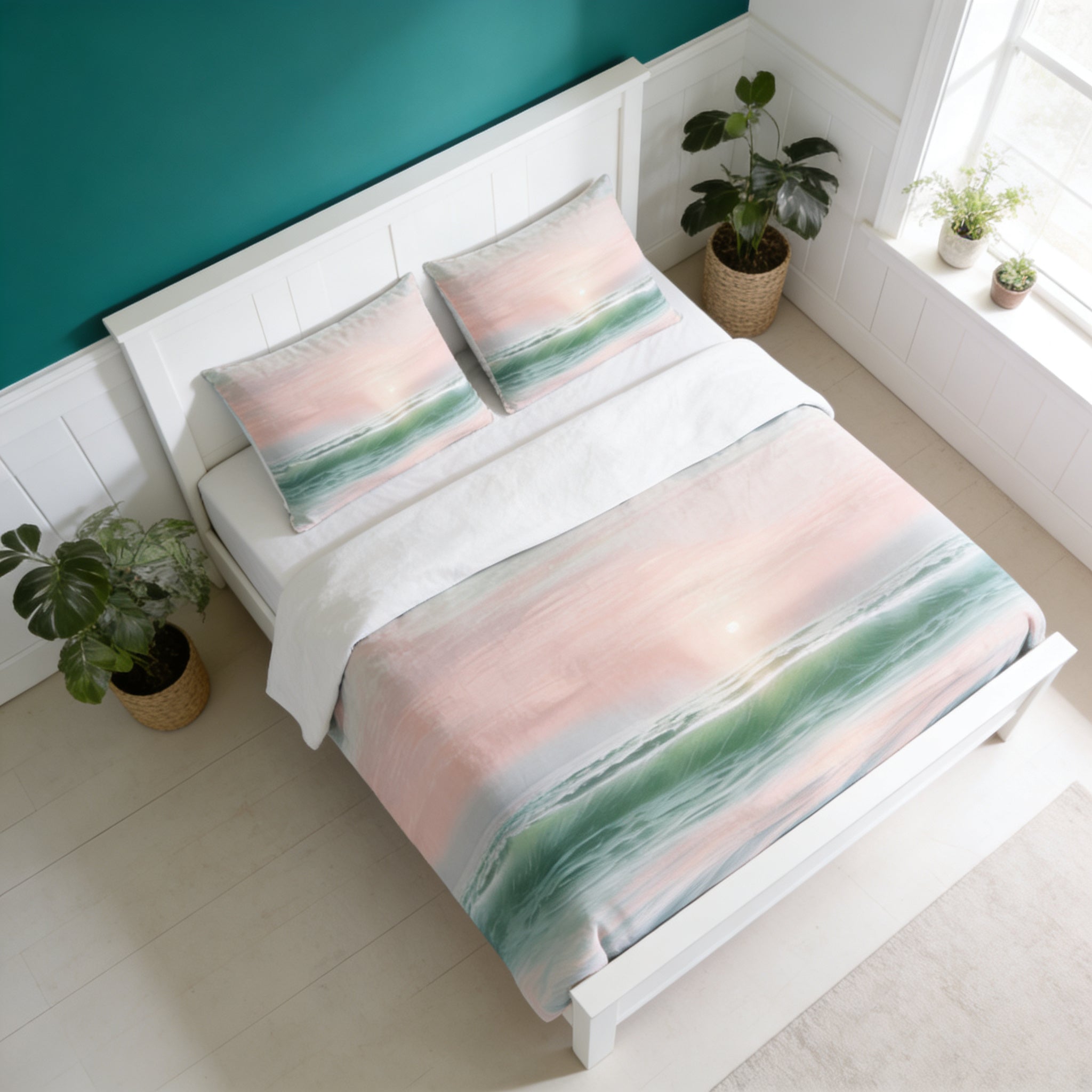 a bedroom with a white wooden bed frame, a colorful comforter with a sunset-like design, and two potted plants on either side of the bed.