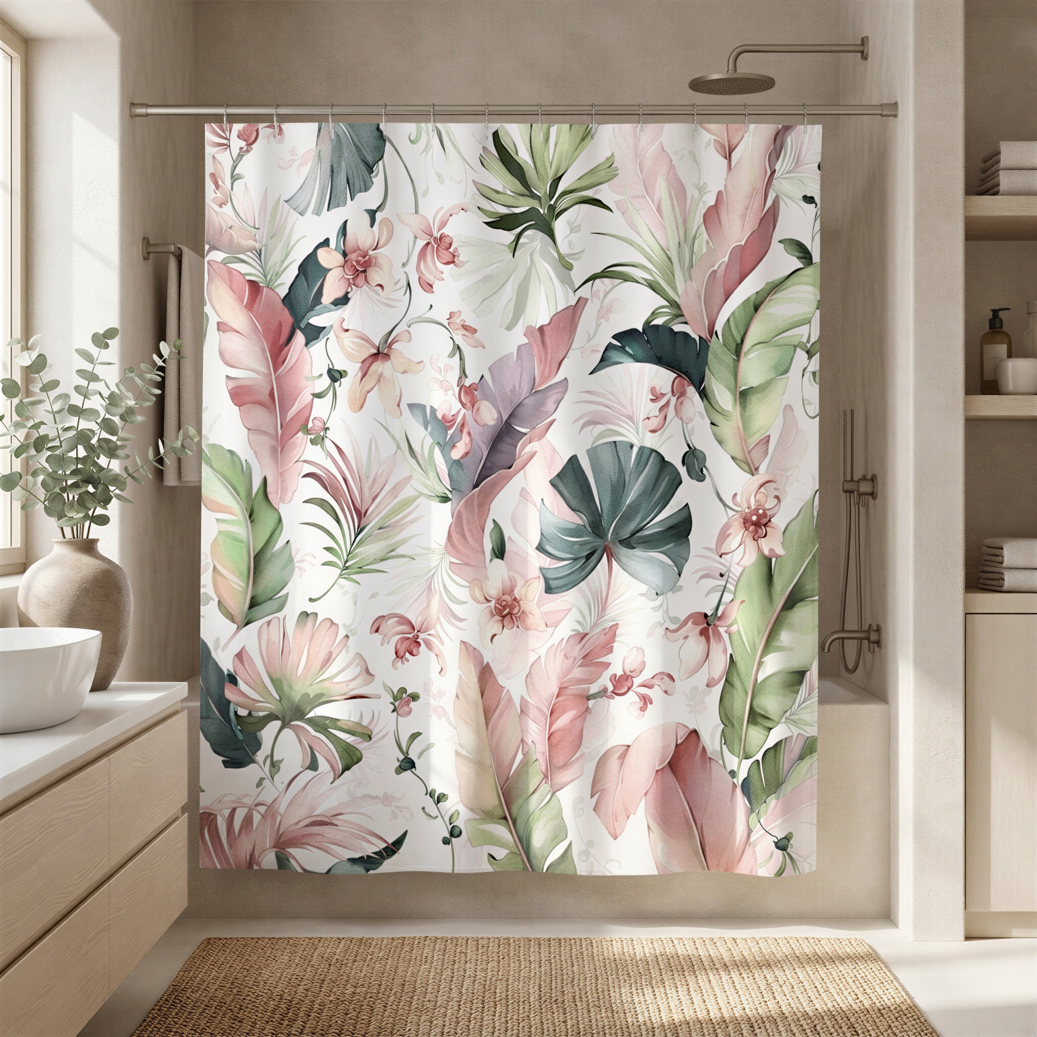 a bathroom with a shower curtain adorned with a tropical plant print in shades of pink, green, and white. The shower curtain is hanging from a rod, and there is a window in the background.