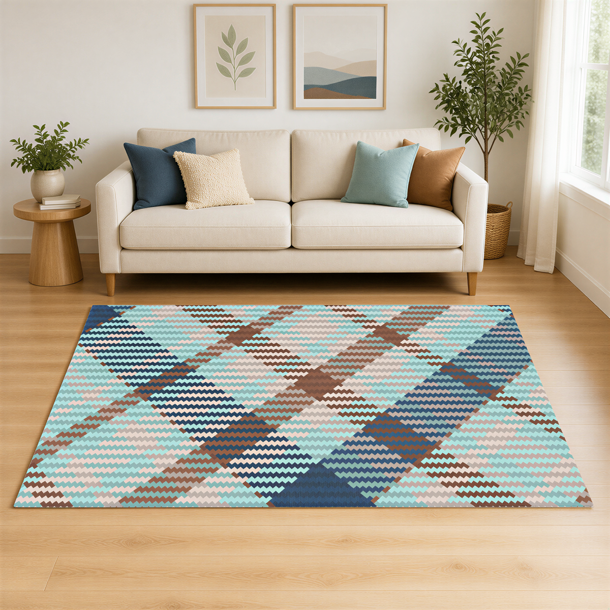 a cozy living room with a white sofa, a colorful patterned rug, and a potted plant. The room has a minimalist and modern design, with a neutral color palette and a touch of natural elements.