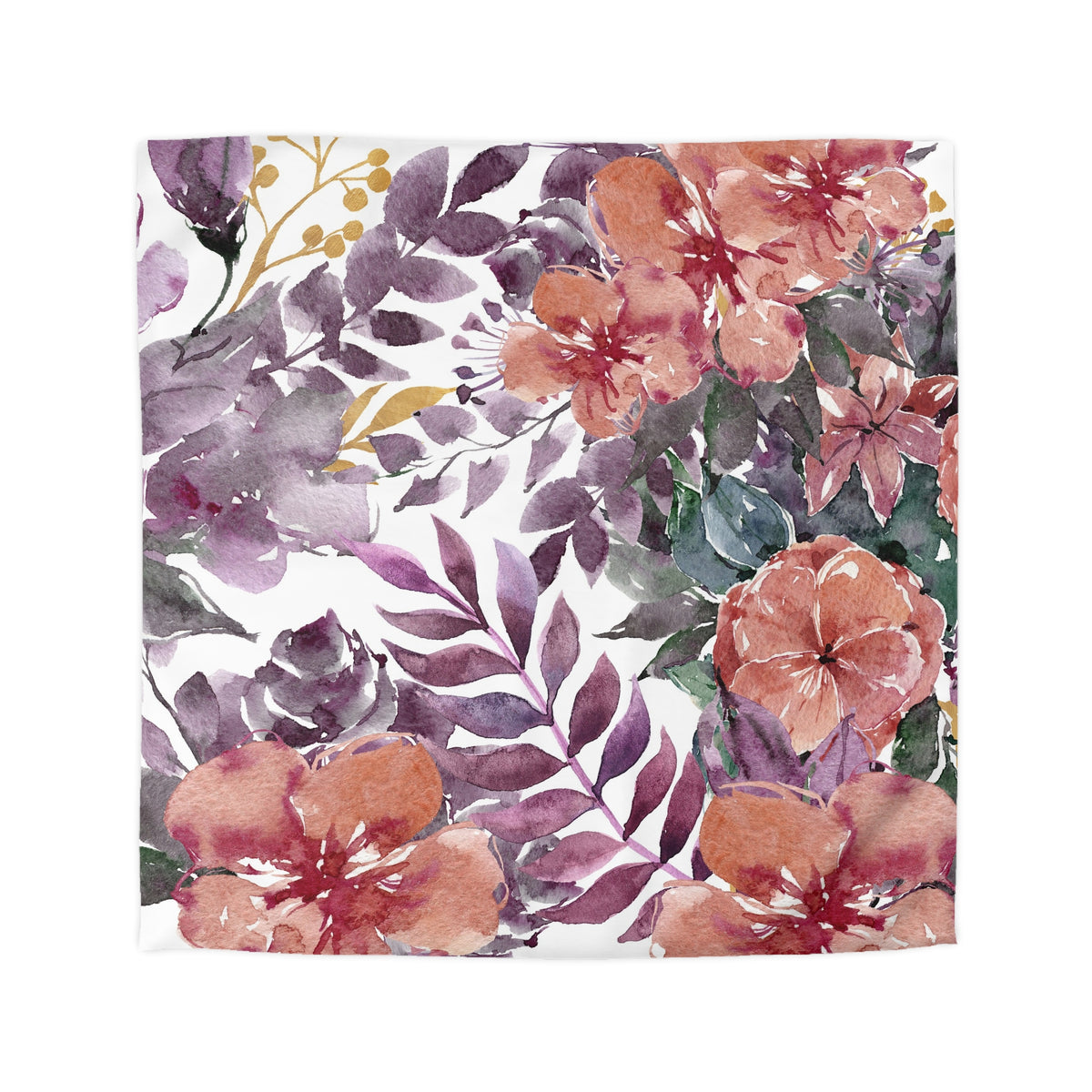 The image is a vibrant and colorful floral print featuring a variety of flowers and leaves in shades of purple, pink, and orange.
