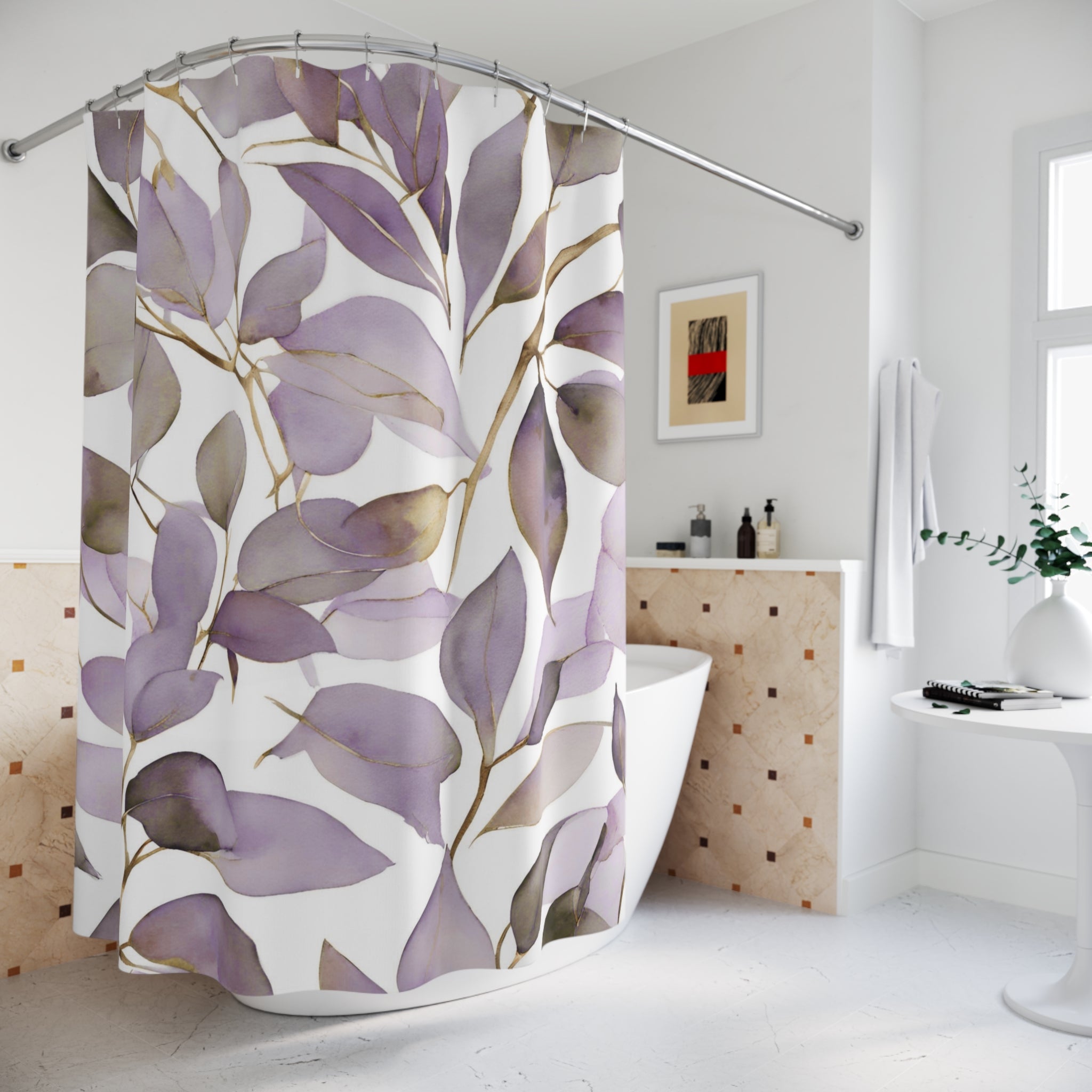 Floral Shower Curtain | Lavender Purple Beige White Leaves
