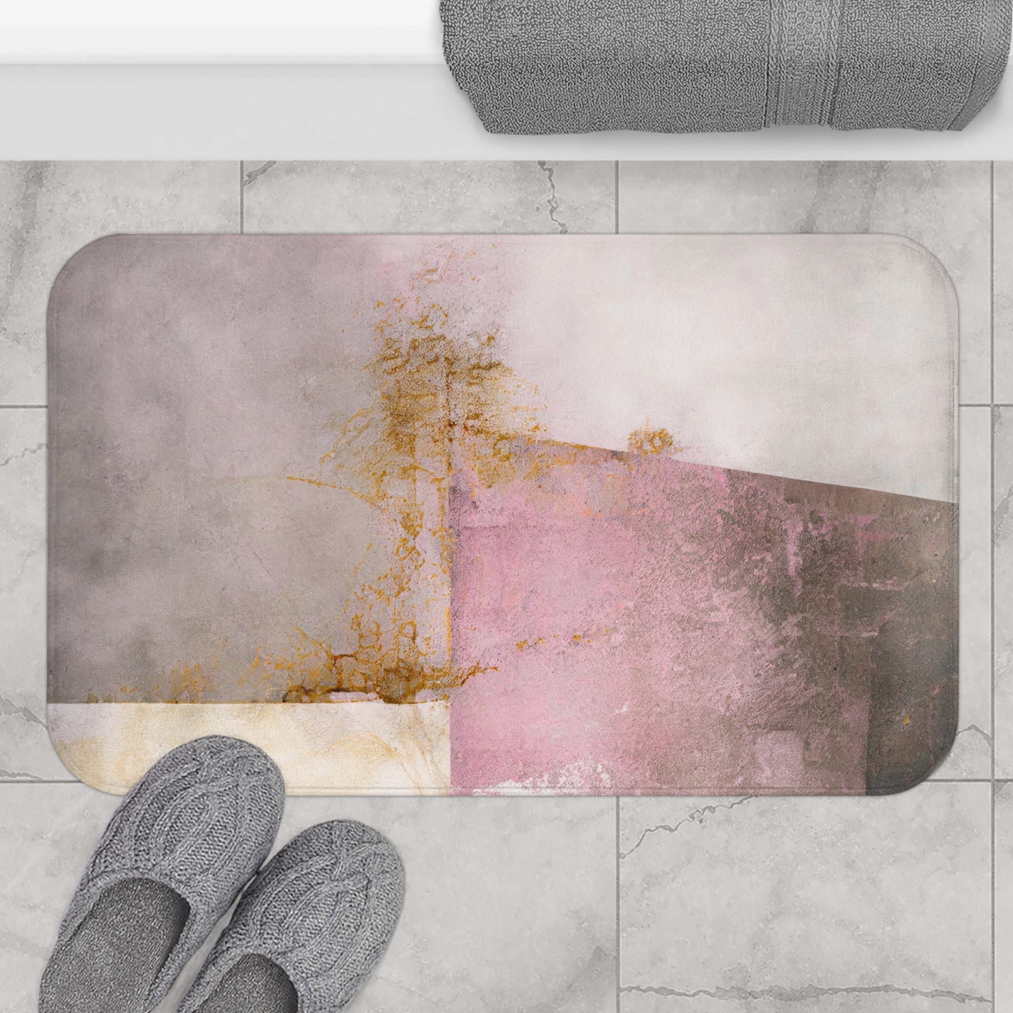 Abstract Bath Mat | Grey Mauve Blush Pink Rustic Kitchen Mat