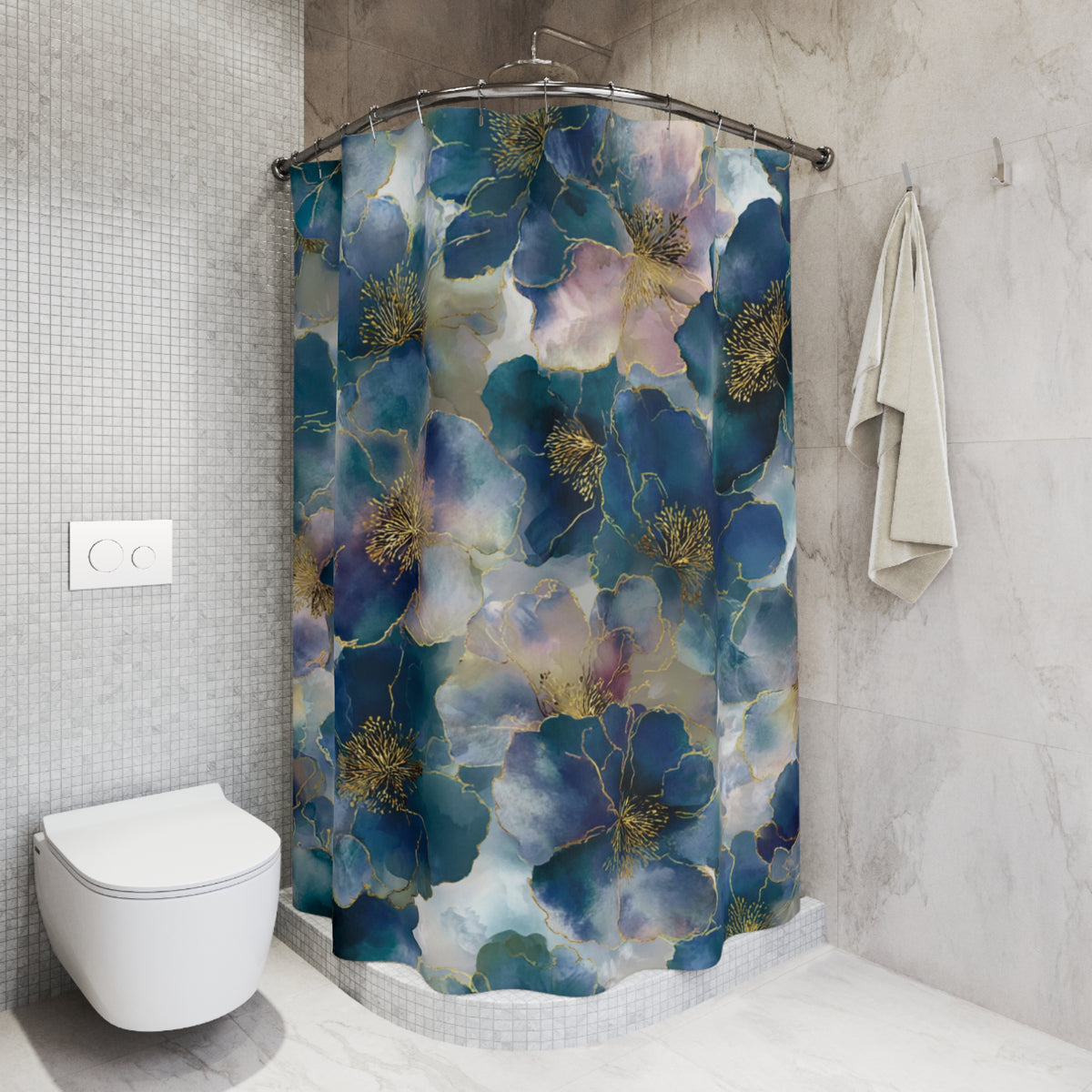 a bathroom with a shower curtain adorned with a floral pattern in shades of blue, pink, and green. The shower curtain is hanging from a rod next to a towel rack. The bathroom also includes a toilet and a sink.
