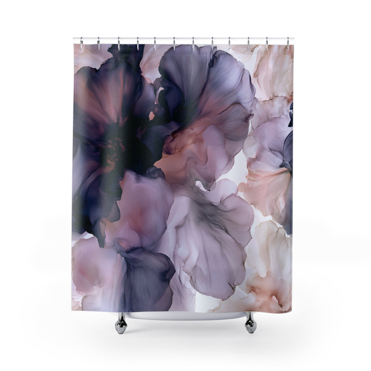 a shower curtain with a floral design on it