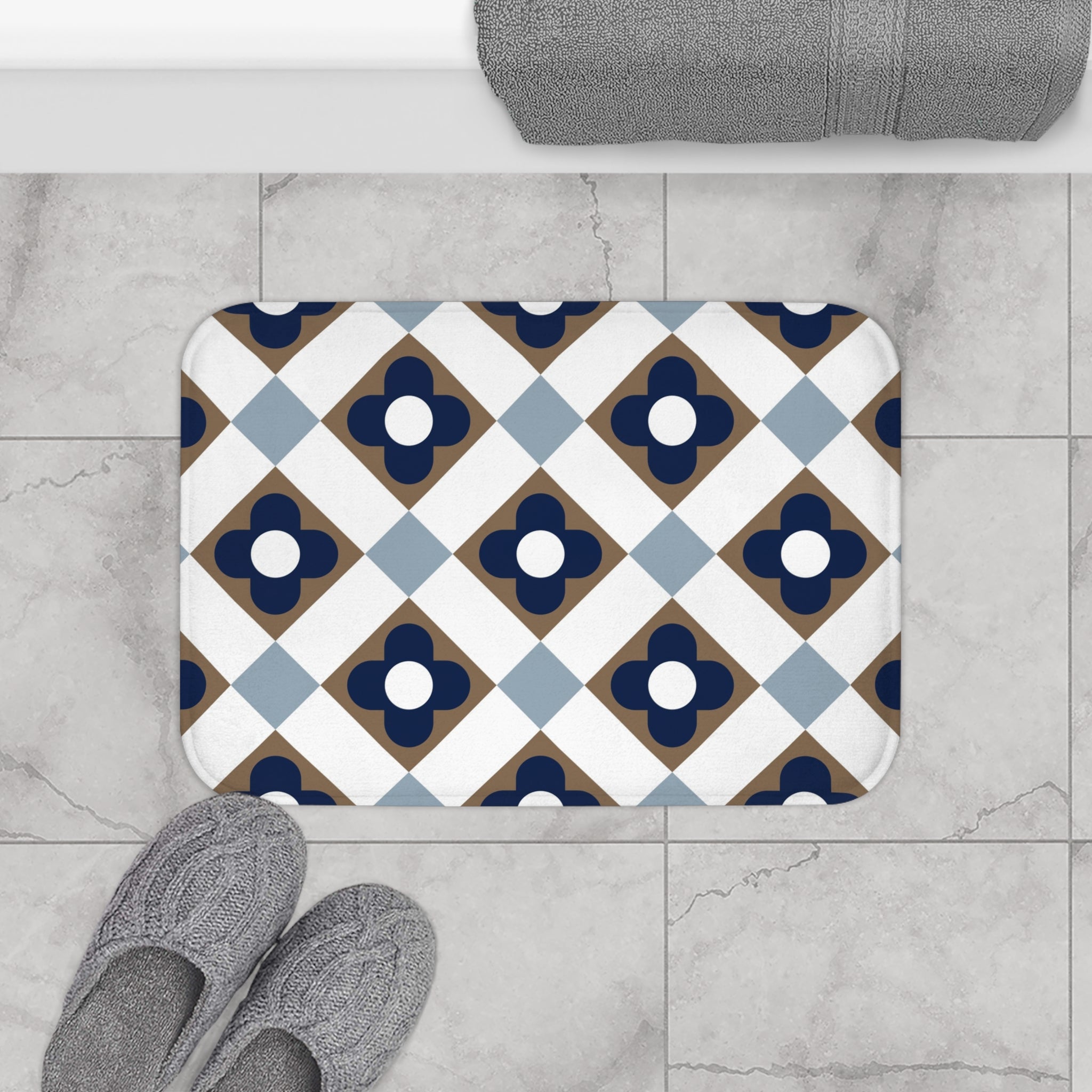 Retro Bath, Kitchen Mat | Vintage Art Deco, Nouveau Blue, Beige White
