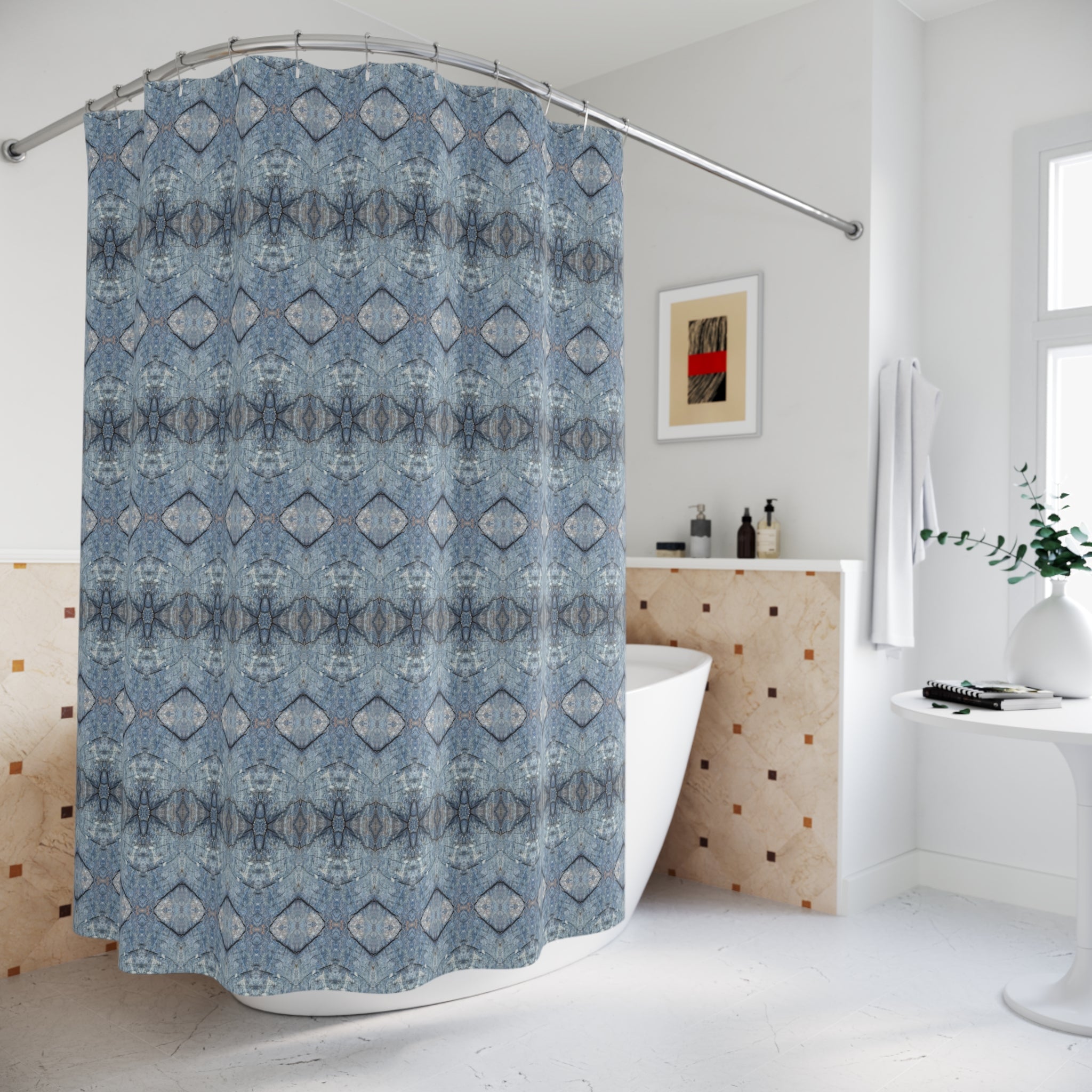 Boho Shower Curtain | Blue Moroccan Abstract Fabric Curtain