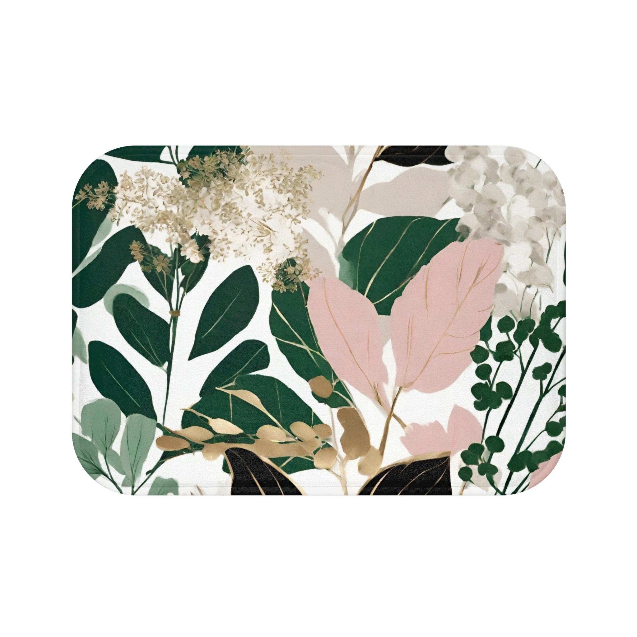 Floral Bath Mat | White, Beige, Emerald Green, Pink Leaves