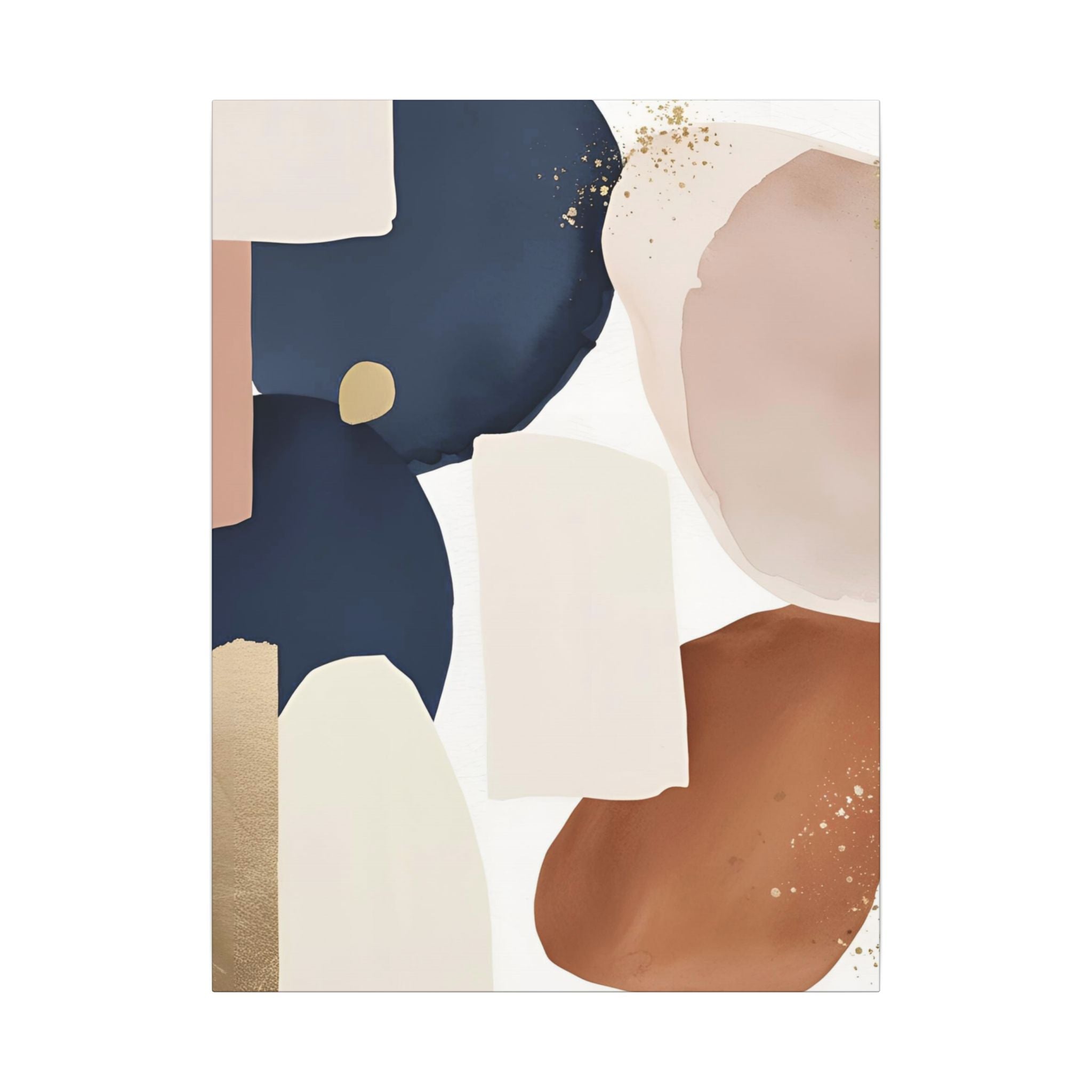 The image is a modern abstract art piece featuring a variety of colors and shapes, including shades of blue, pink, and brown.