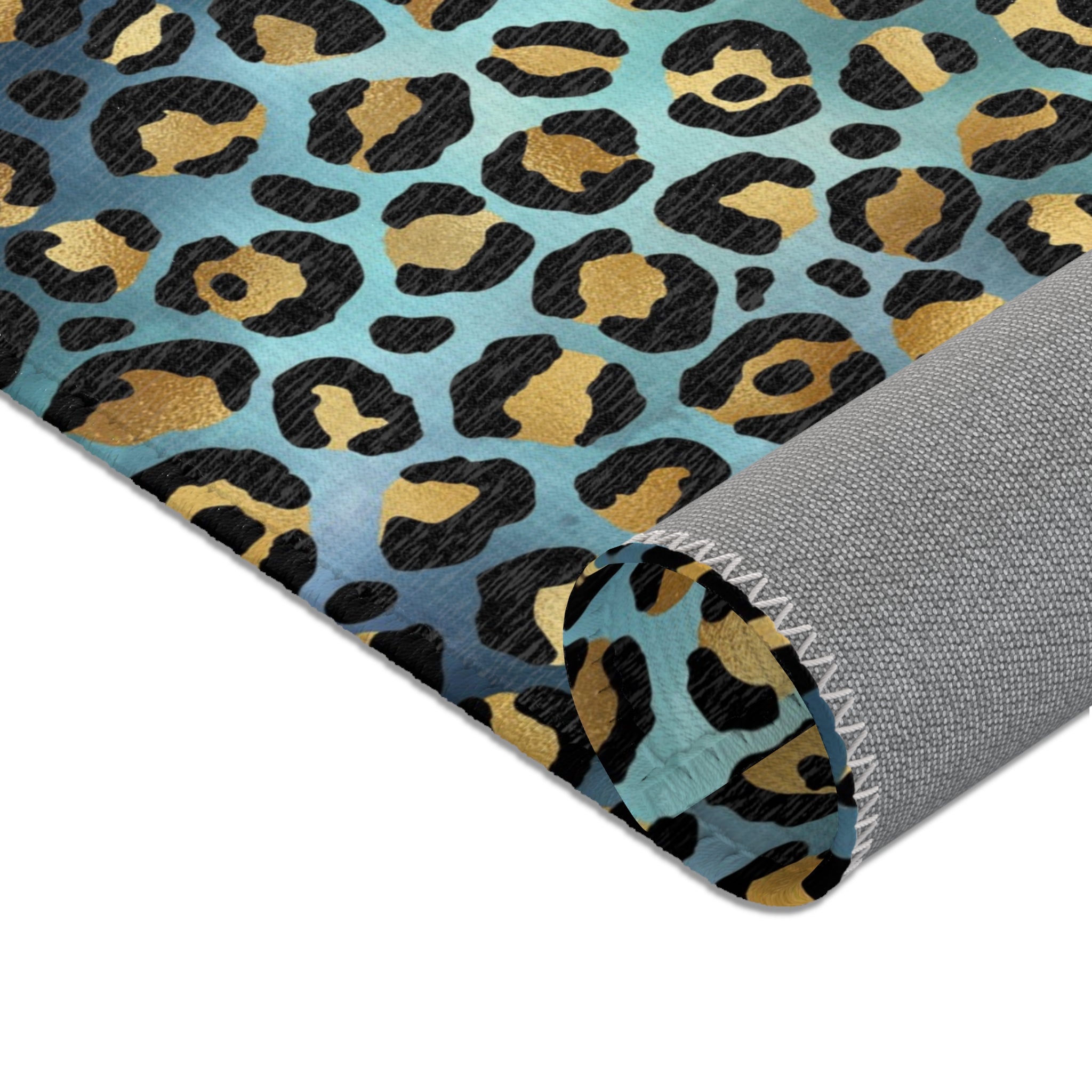 Blue Large Area Rug | Gold Beige, Teal Green Animal Print