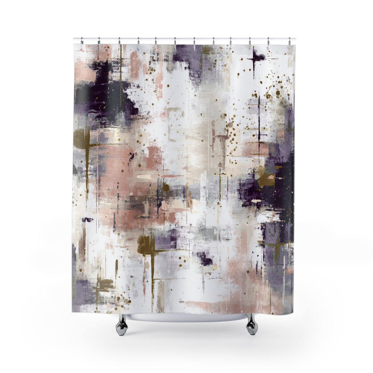 an abstract painting with a mix of purple, white, and brown colors, creating a dynamic and visually striking composition.