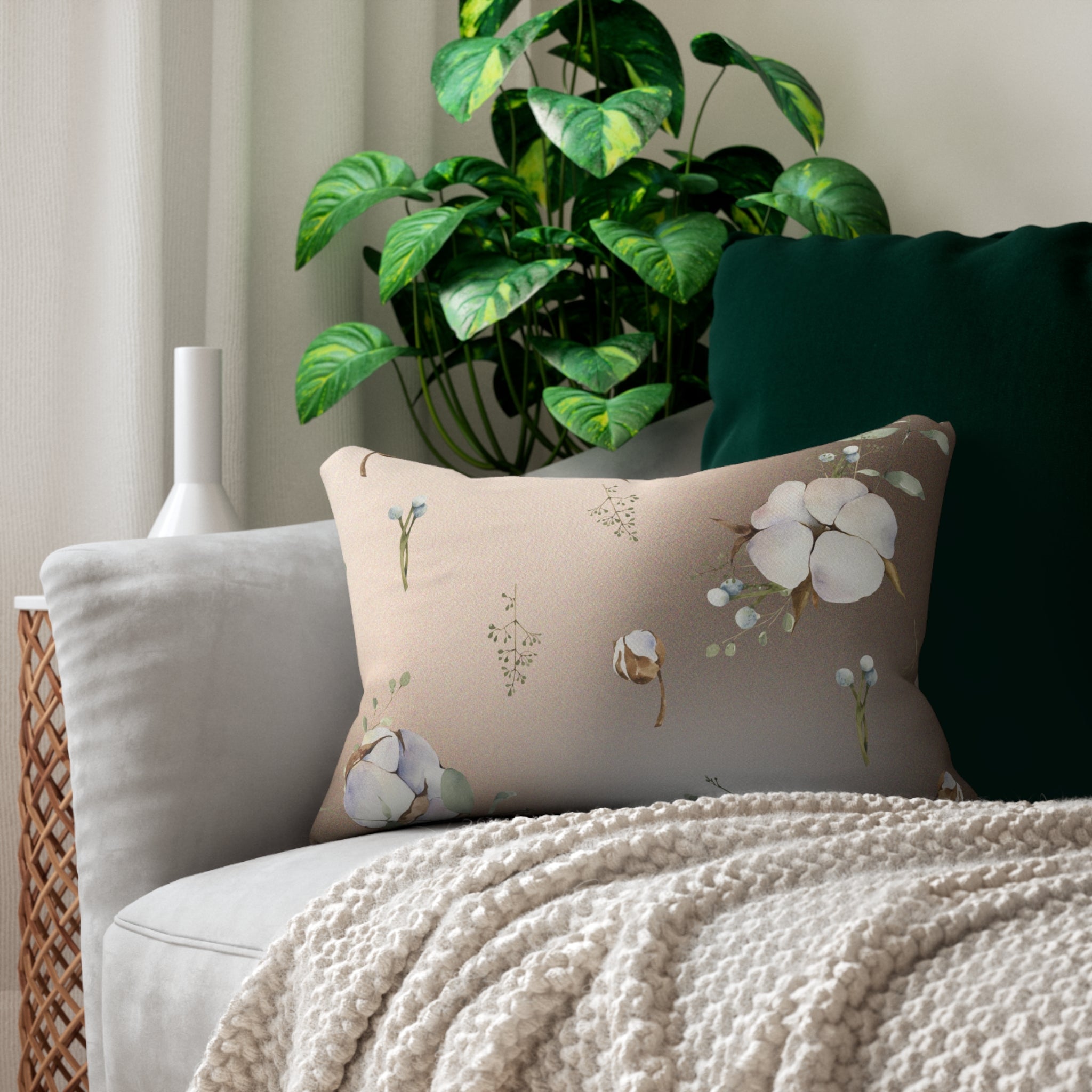 Floral Lumbar Pillow | Blush Beige, Brown, Cotton Flowers