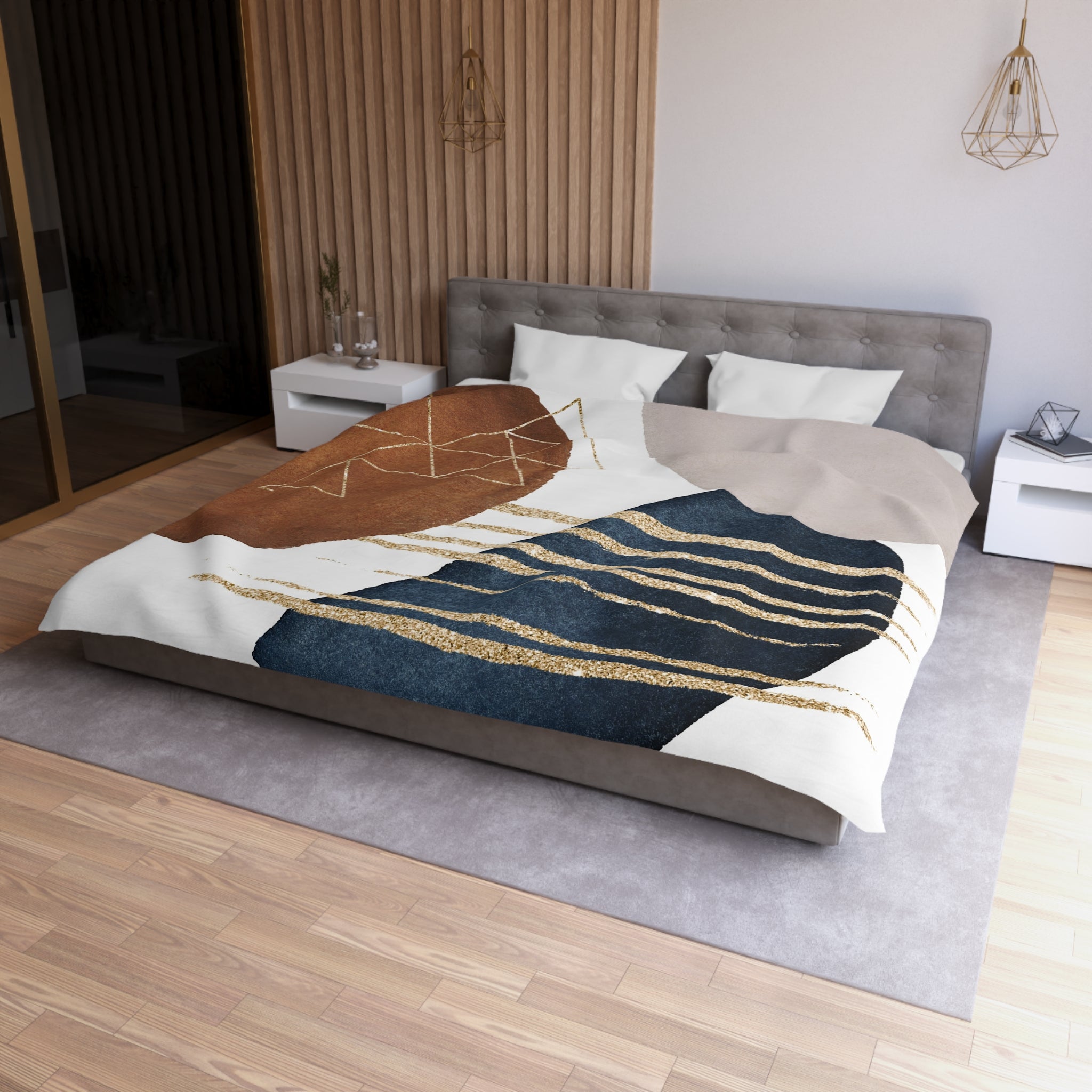 Abstract Duvet Cover | Navy Blue, Rust Brown, Geometric | Bedroom Decor