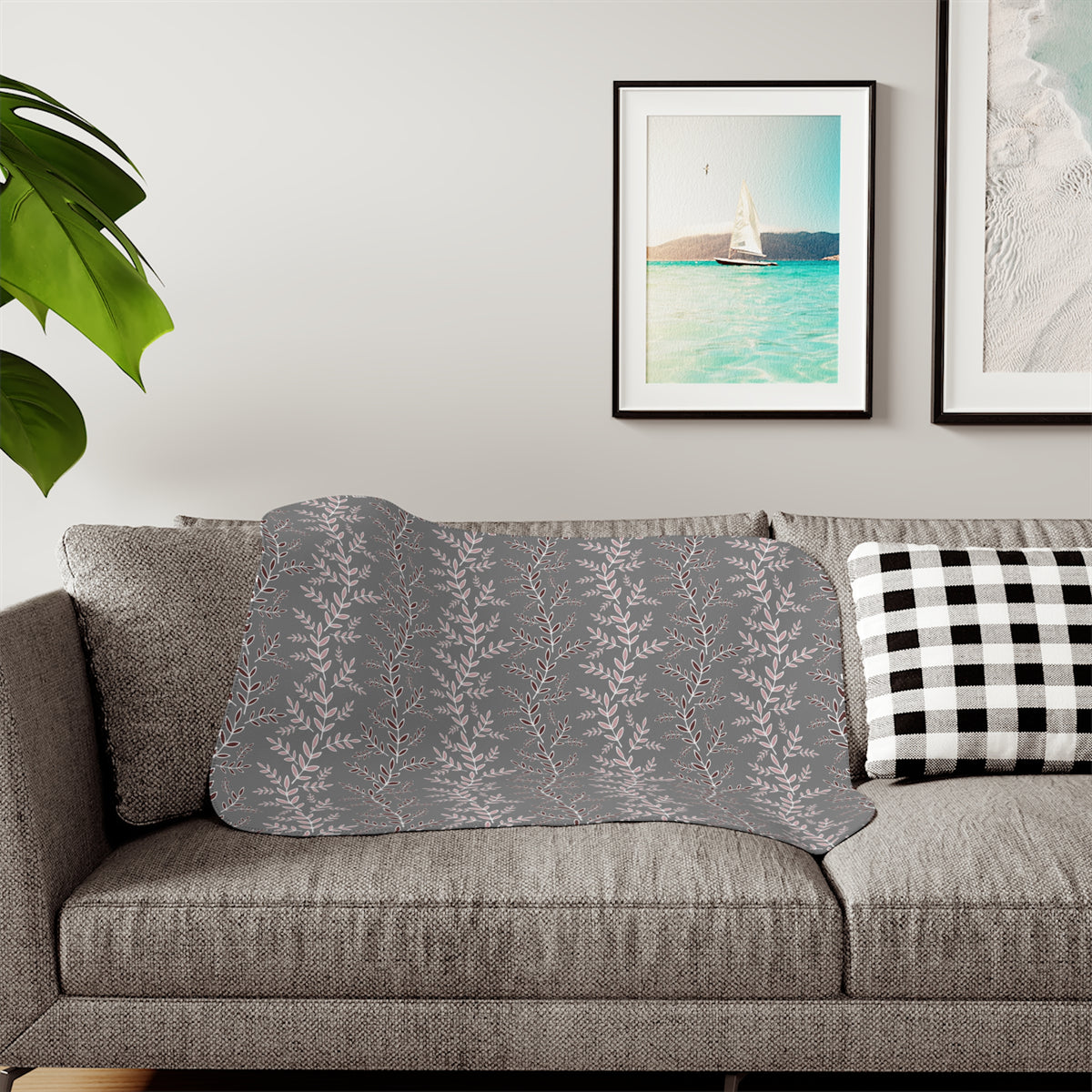 Blush Burgundy Leaf Sprig Sherpa Blanket | Gray Botanical Throw