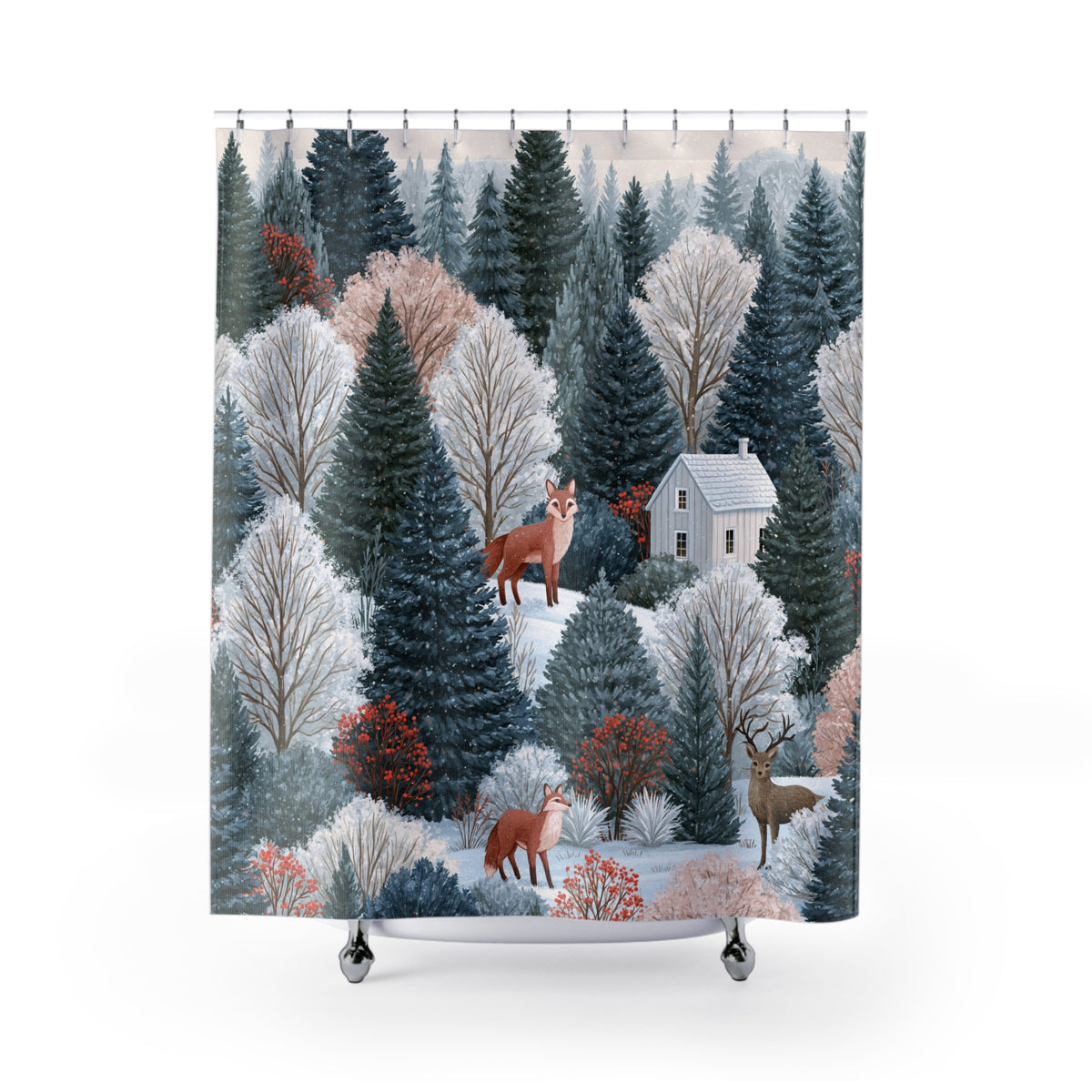 Fox Cabin Winter Woodland Shower Curtain, Bath Curtain 71x74