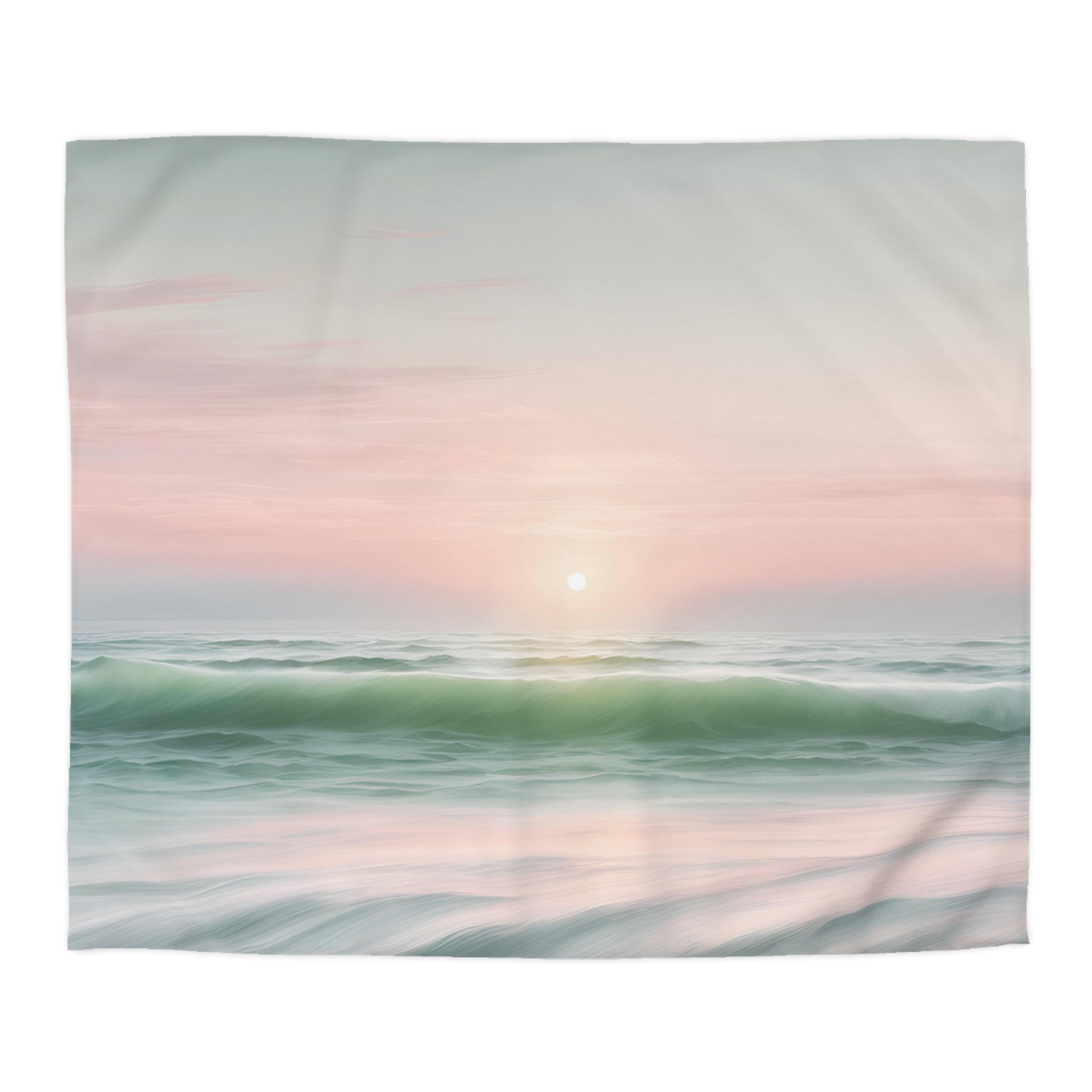 a serene sunset over the ocean, with the sun setting behind the waves and casting a warm, golden glow across the sky.