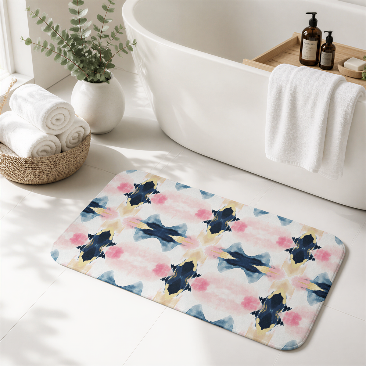 a bathroom with a white bathtub, a colorful patterned bath mat, and various toiletries and accessories.