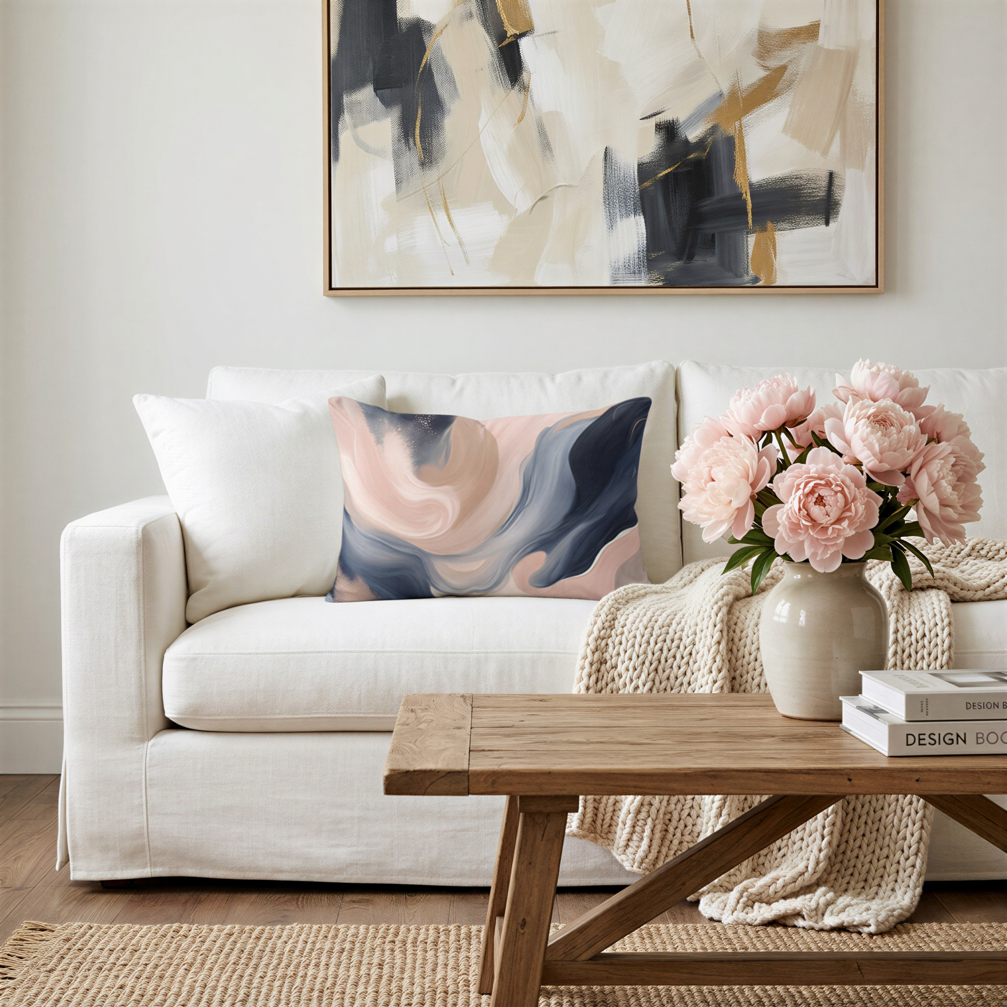 a cozy living room with a white sofa, a wooden coffee table, and a vase of pink flowers. Above the sofa, there is a large abstract painting on the wall.