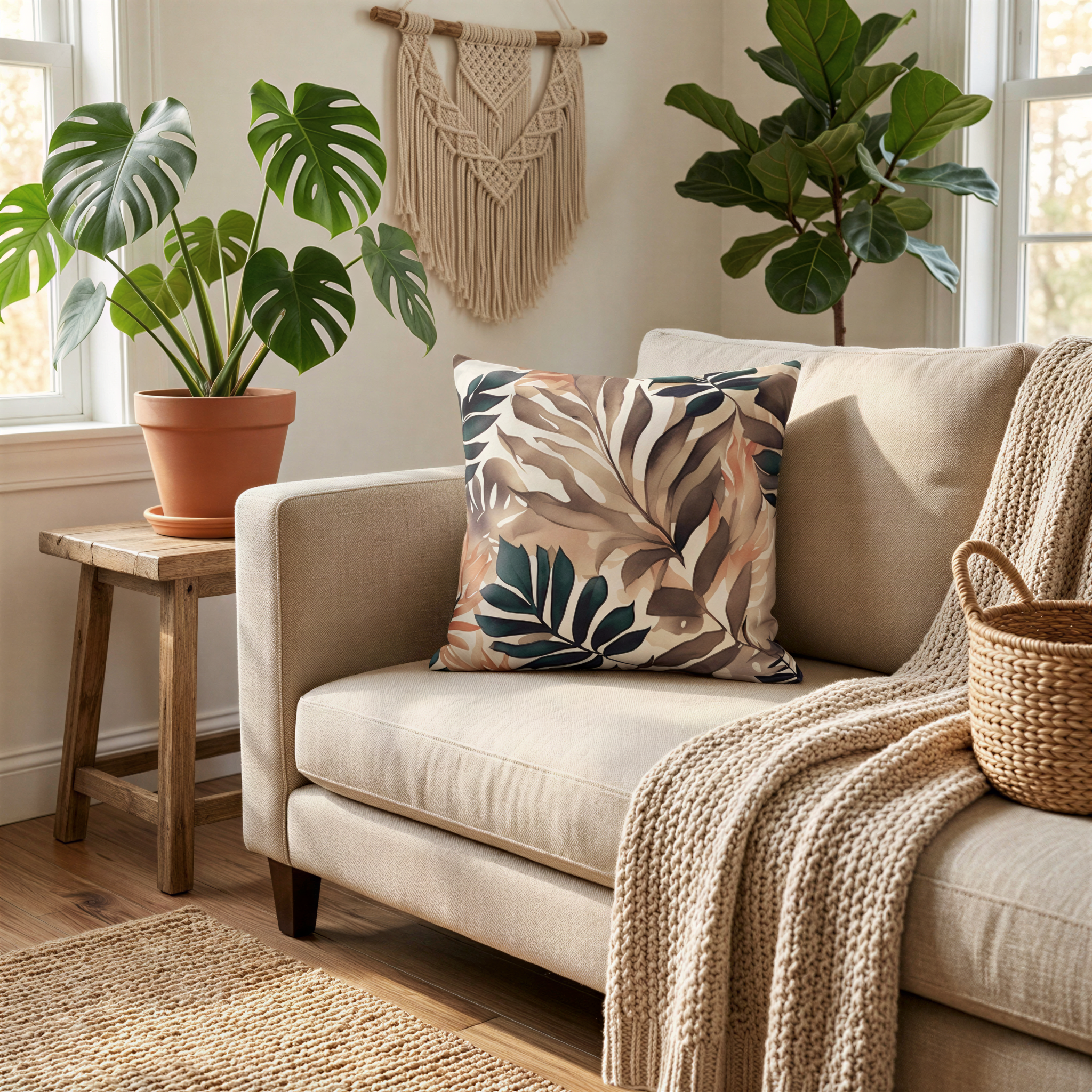 A cozy living room with a beige sofa, a woven basket, and a potted plant. The room has a rustic and natural aesthetic, with a macrame wall hanging and a woven rug adding to the warm and inviting atmosphere.