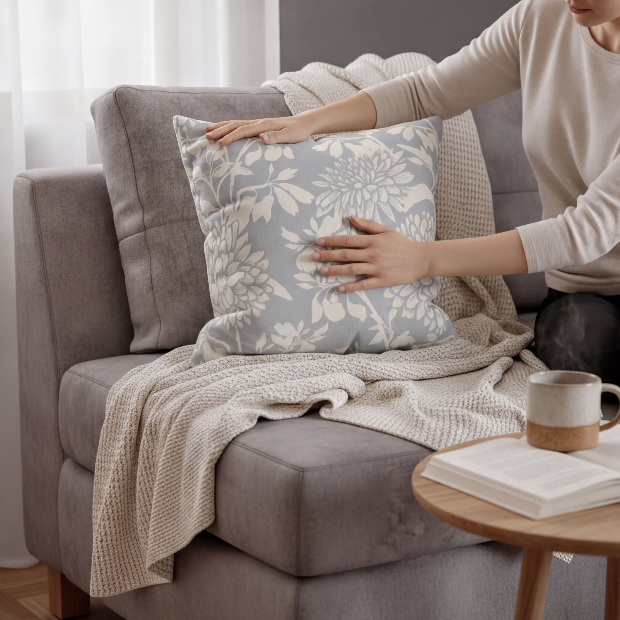 A person is sitting on a gray couch, placing a gray and white floral throw pillow on the back of the couch.