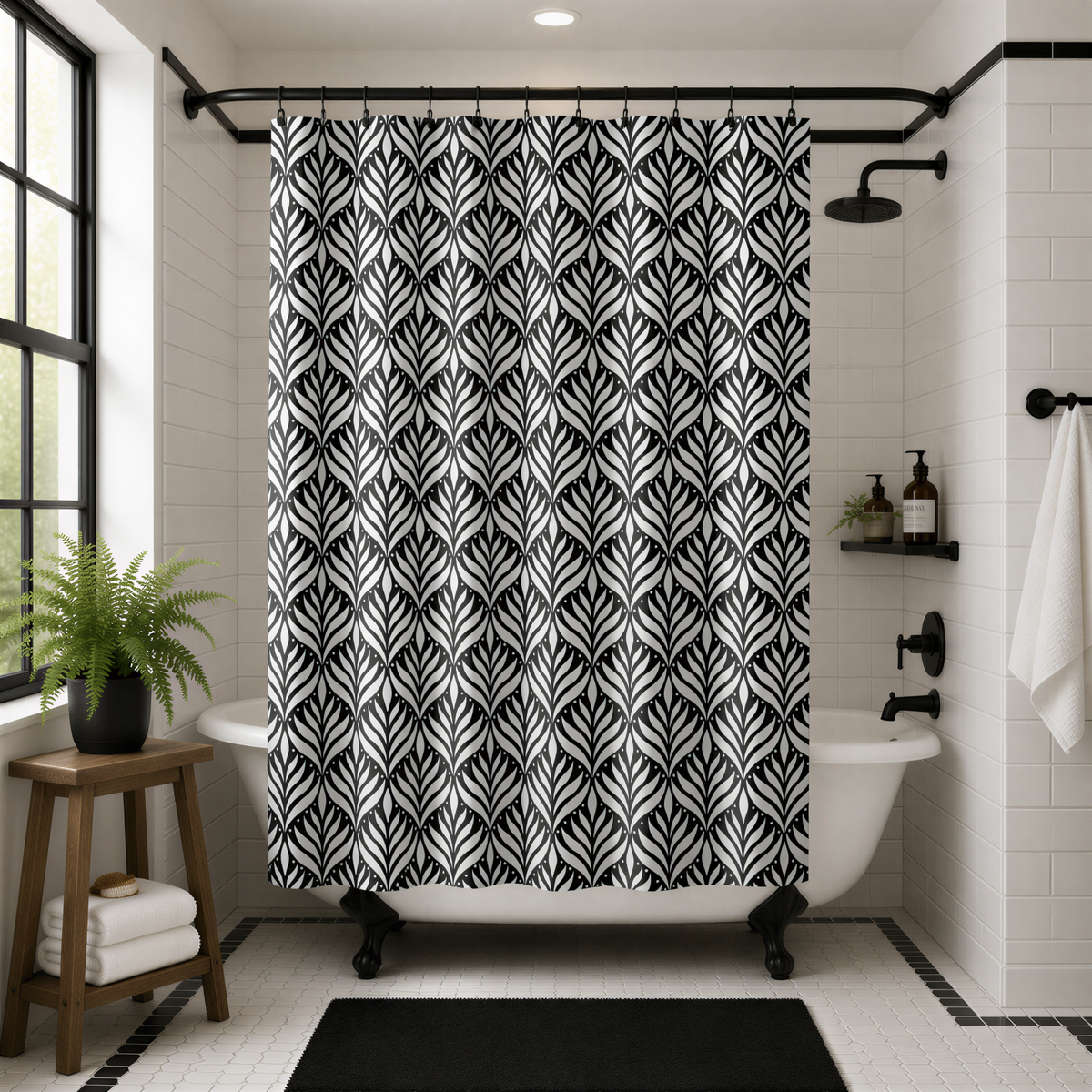a modern bathroom with a black and white patterned shower curtain, a white bathtub, and a wooden stool.