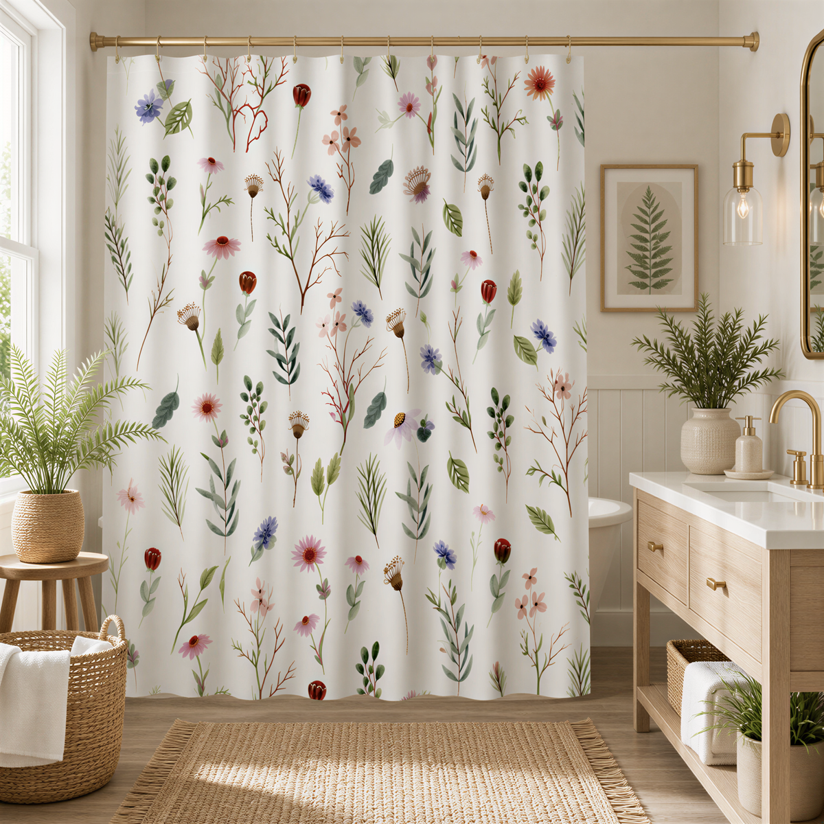 a bathroom with a shower curtain featuring a floral pattern. The curtain is hanging from a rod, and there are several potted plants placed around the room, including on a table and near the sink.