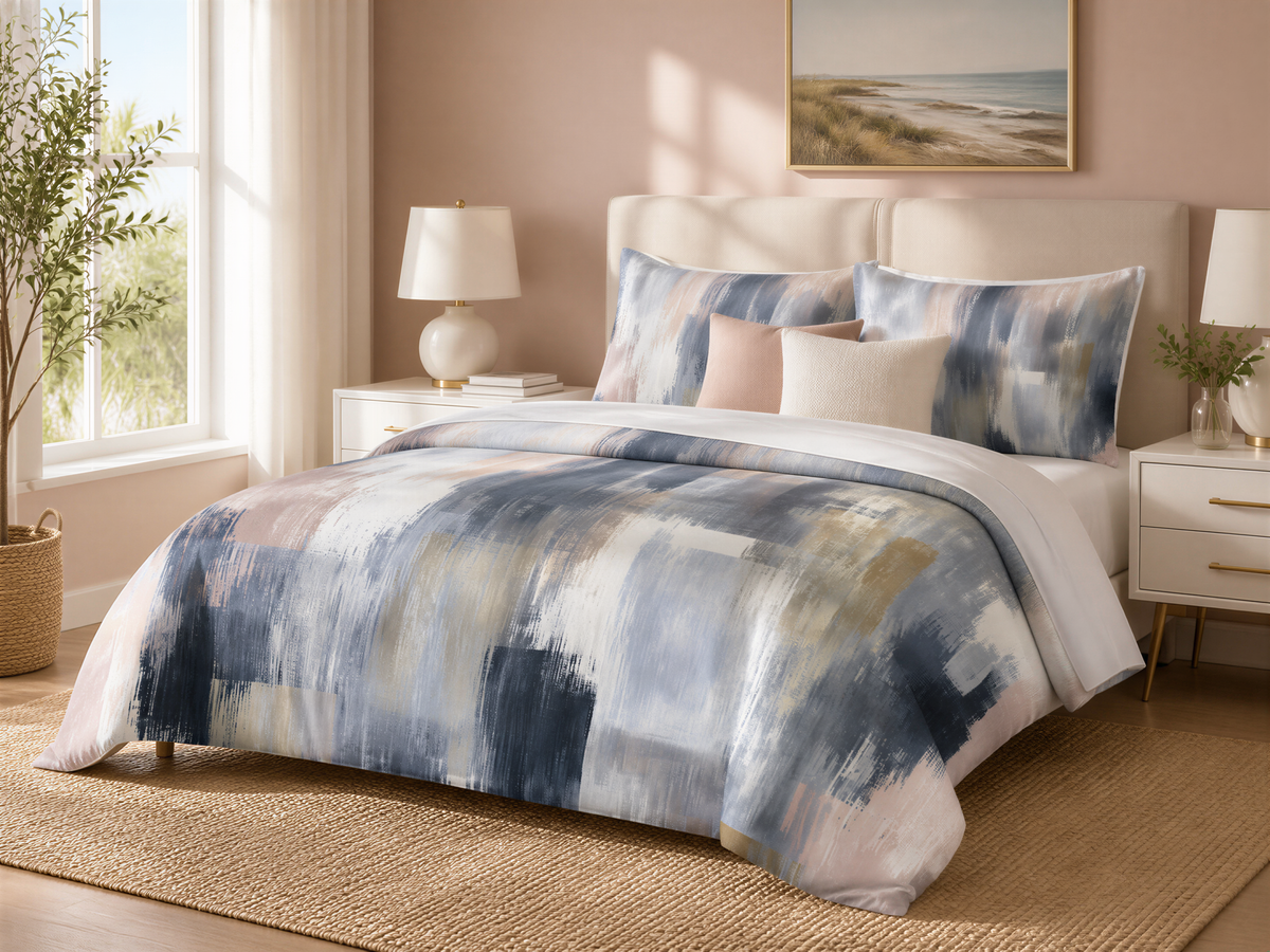 a bedroom with a large bed covered in a blue and white abstract comforter. The bed is flanked by two nightstands, each with a lamp. The room has a window that allows natural light to enter, and there is a painting hanging on the wall above the bed.