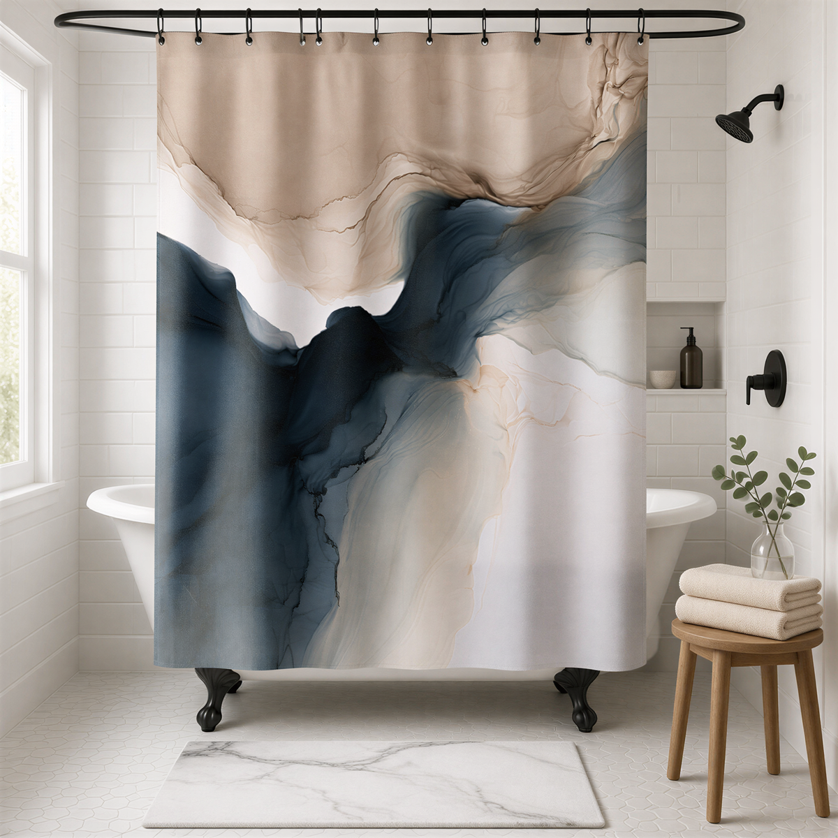 a bathroom with a shower curtain and a rug