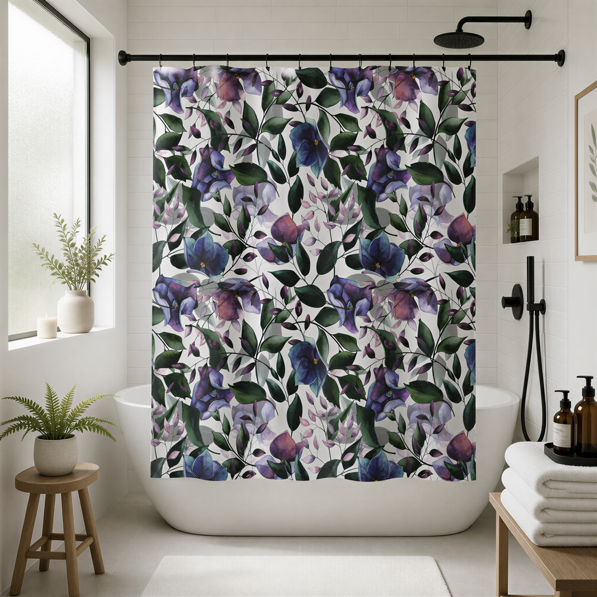 a bathroom with a white bathtub, a shower curtain featuring a floral pattern in shades of purple and green, and a wooden stool.