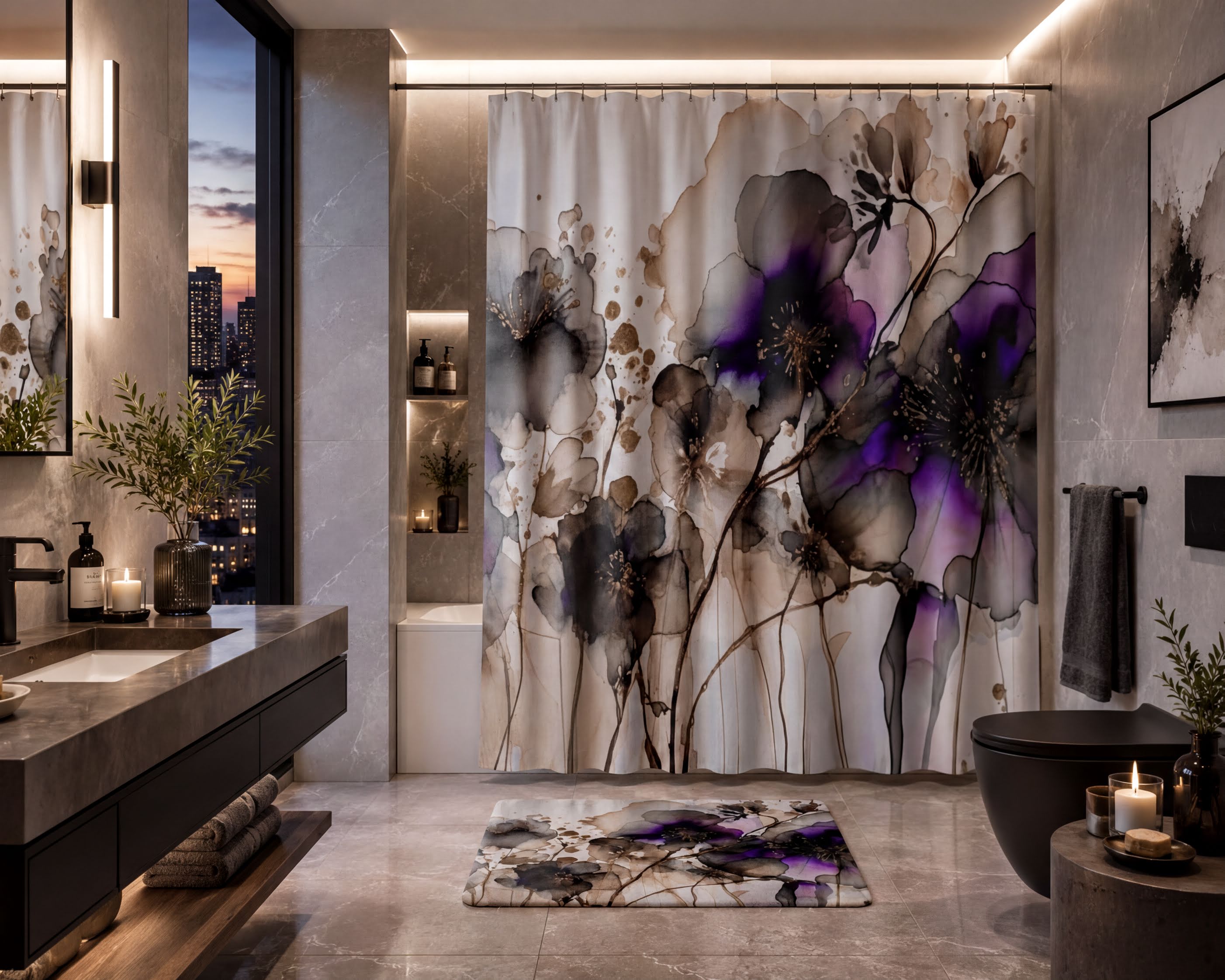 a luxurious bathroom with a large floral shower curtain, a vanity with a sink, and a toilet. The bathroom has a modern and elegant design, with a neutral color palette and a touch of greenery from the potted plants.
