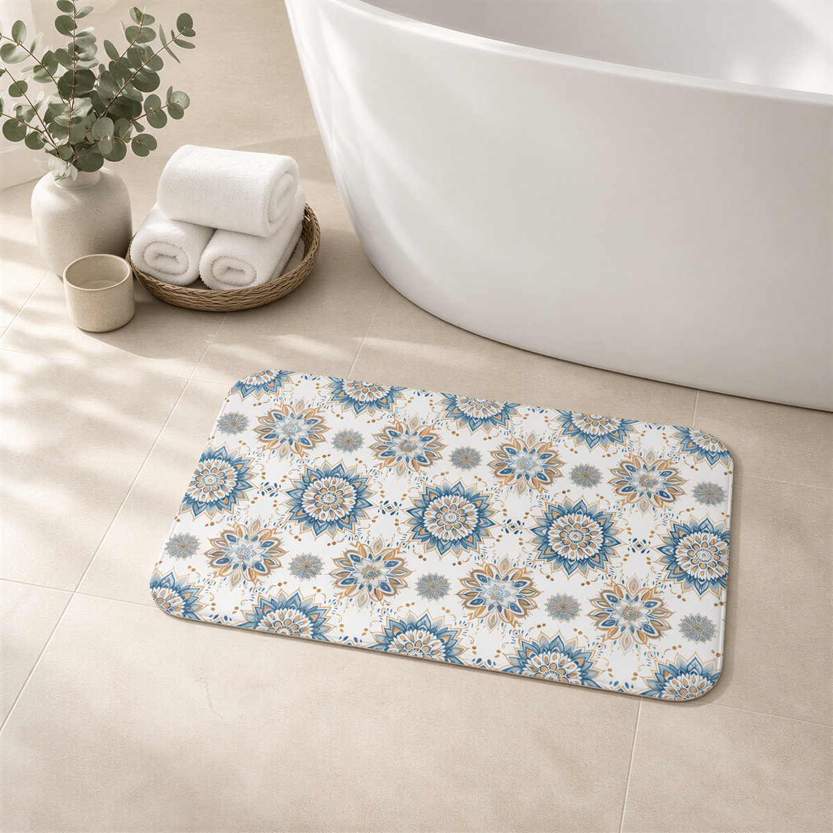 a bathroom scene with a white bathtub, a decorative rug with a floral pattern, and a basket of rolled towels.