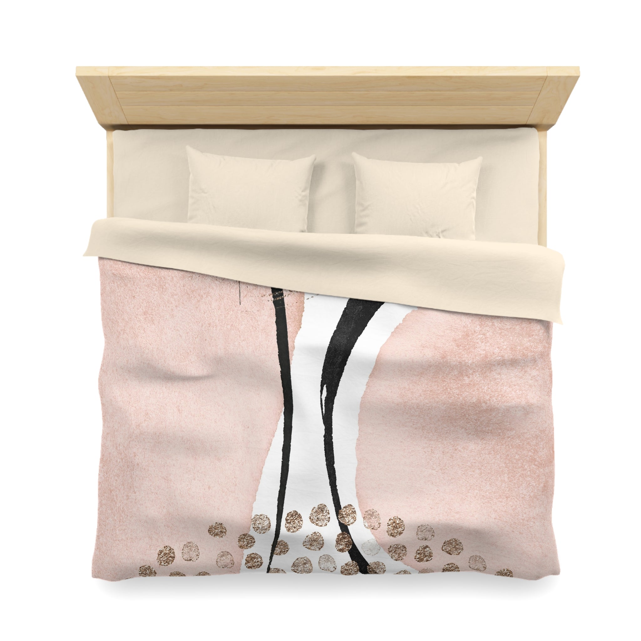 a neatly made bed with a pink and white comforter featuring a black and white abstract design.