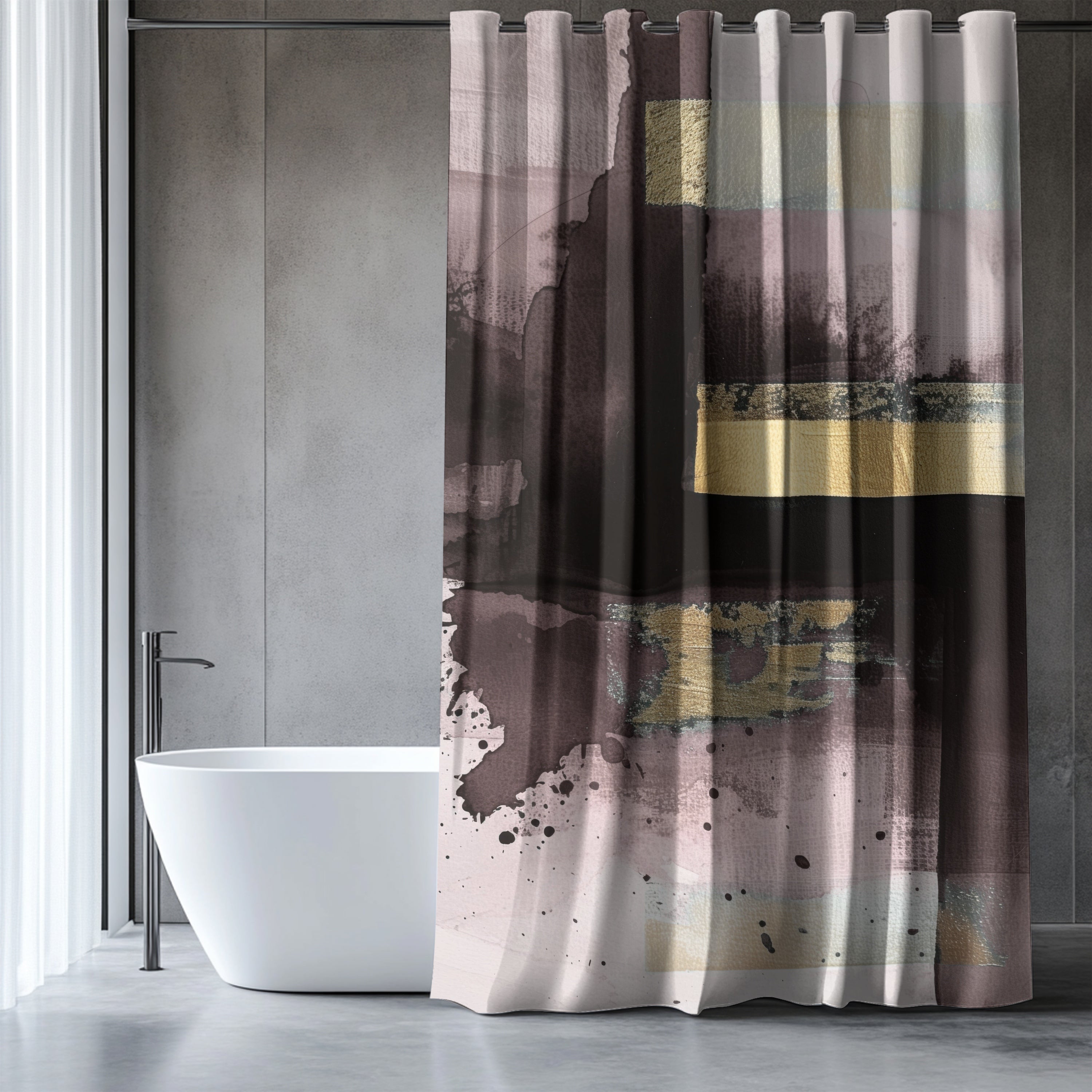 a modern bathroom with a white freestanding bathtub and a shower curtain with a bold abstract design in shades of purple, pink, and gold.