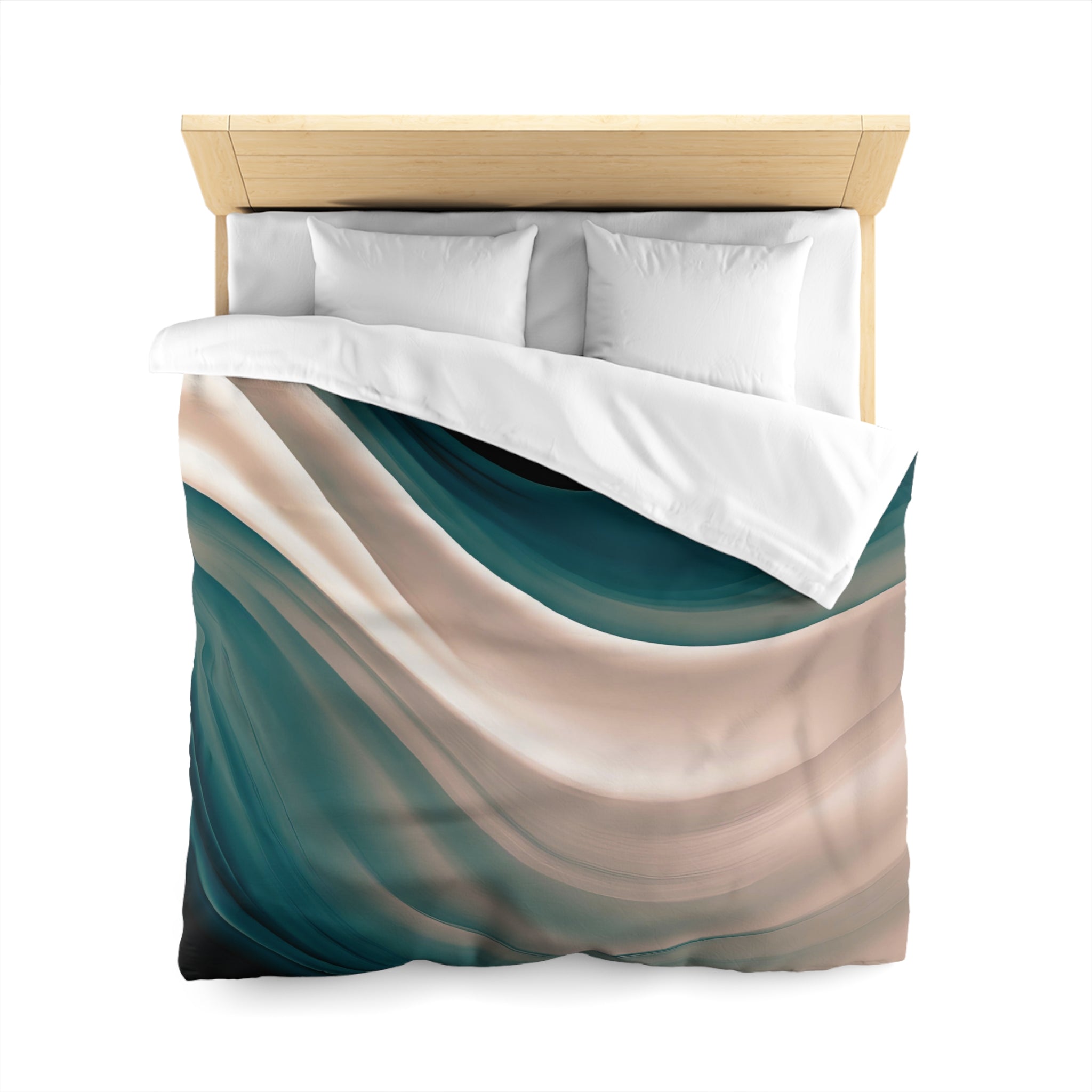 a bed with a colorful, abstract patterned comforter and pillows.