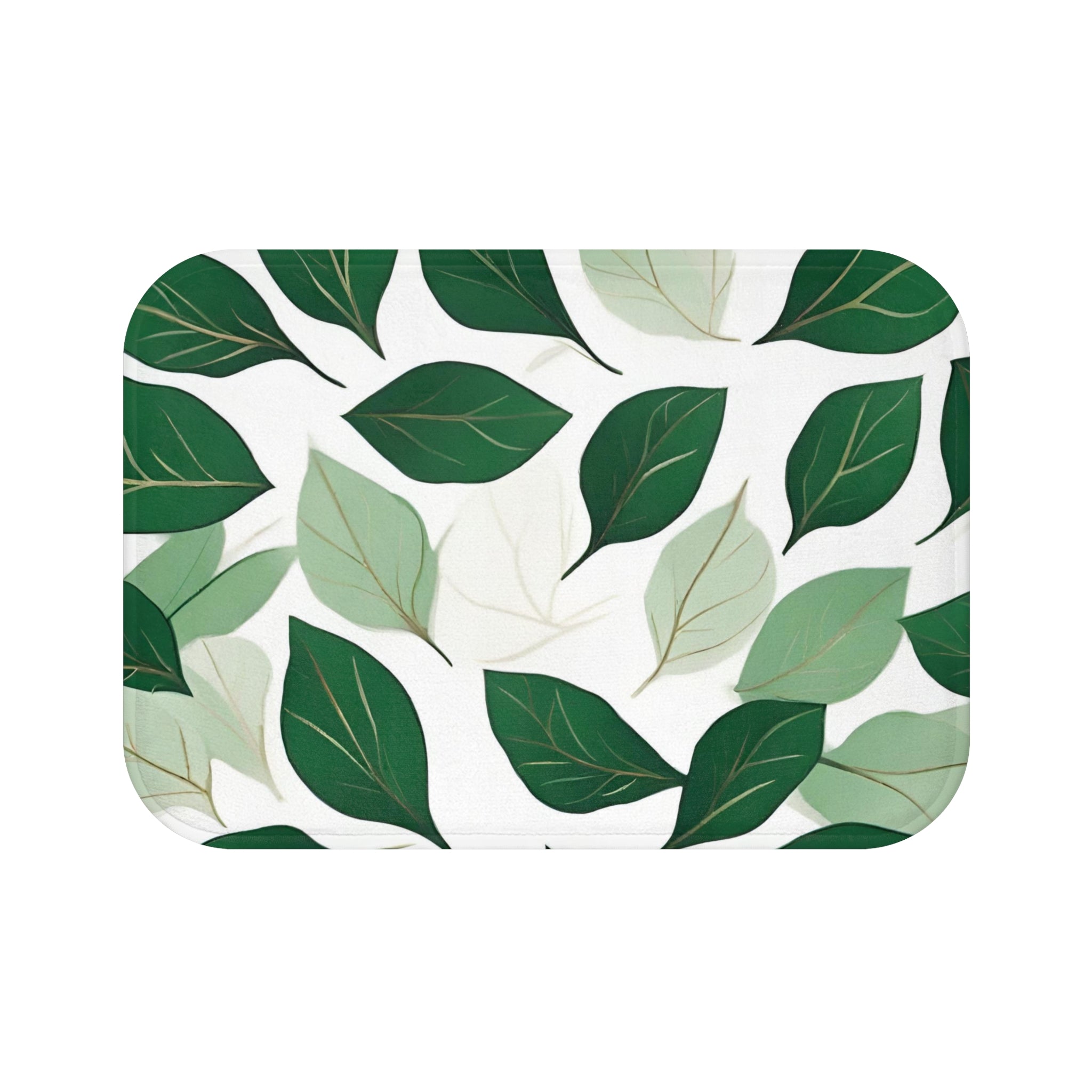 Floral Bath Mat | White, Emerald Sage Green leaves