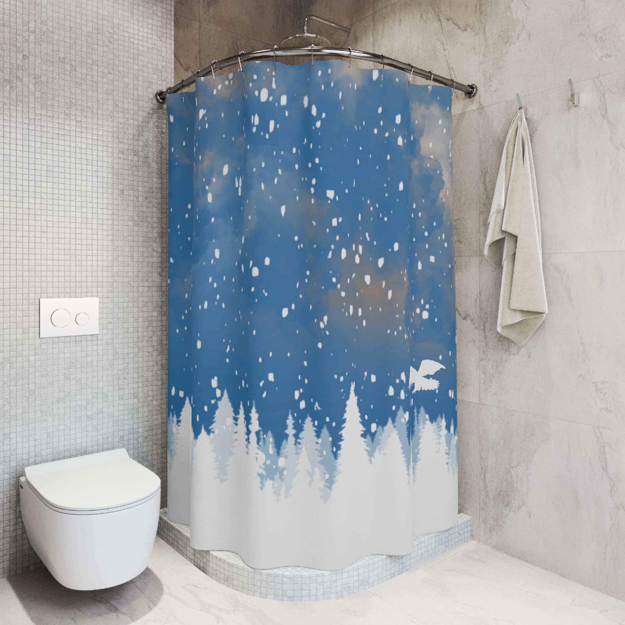 Blue Shower Curtain | White Pine Trees, Winter Snow Flakes