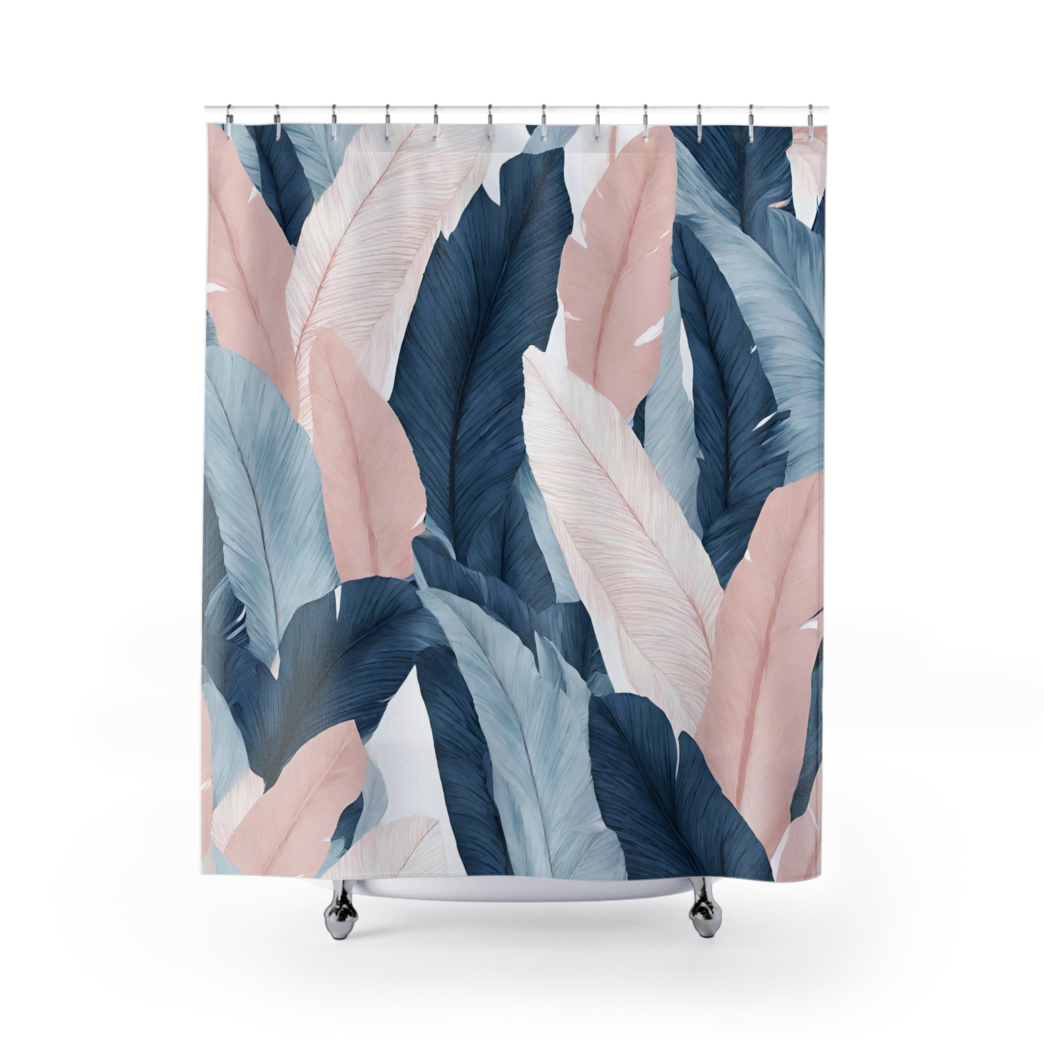 Tropical Floral Shower Curtain | Navy Sky Blue, Blush Pink Leaves