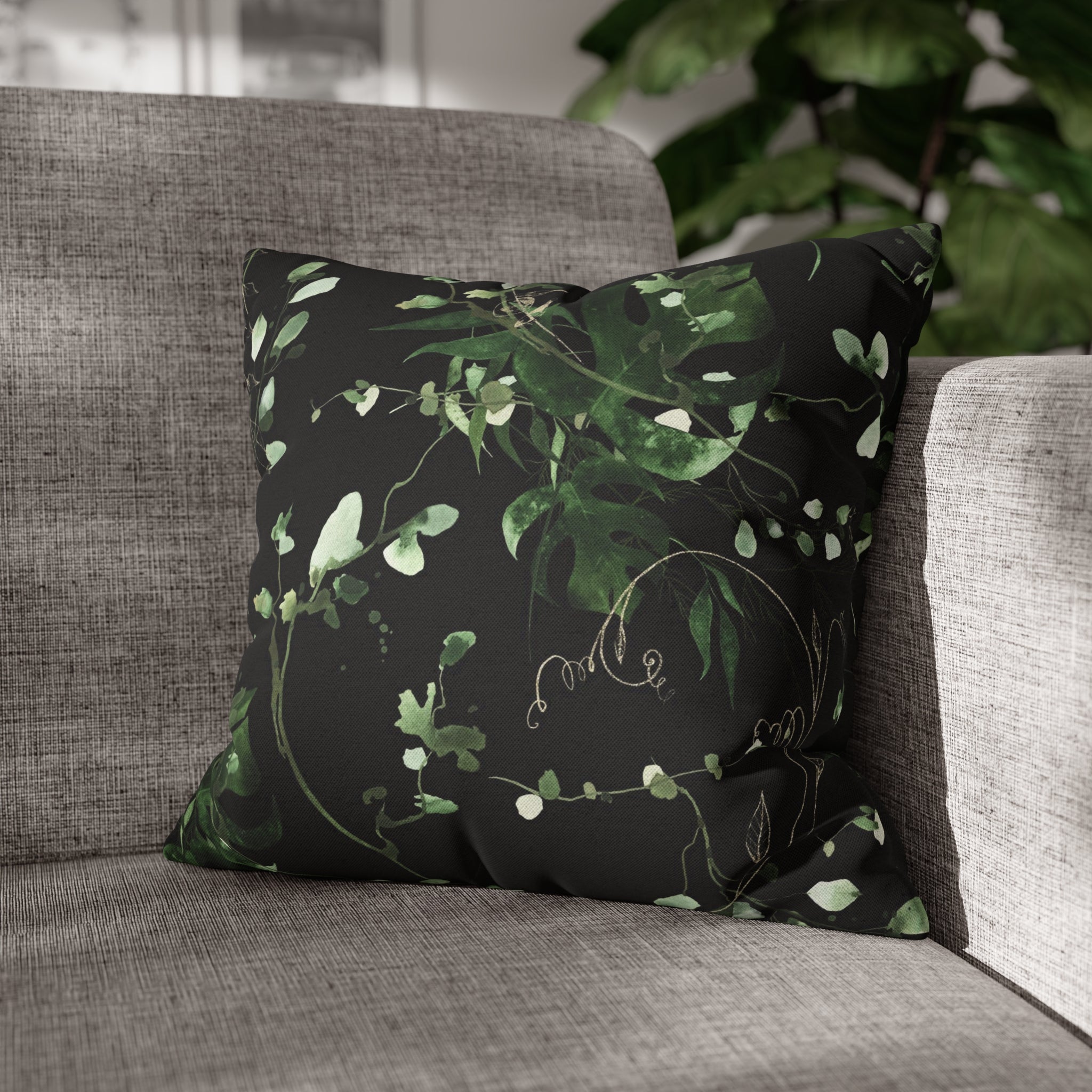 Black Floral Pillow Cover | Beige Sage Green Leaves