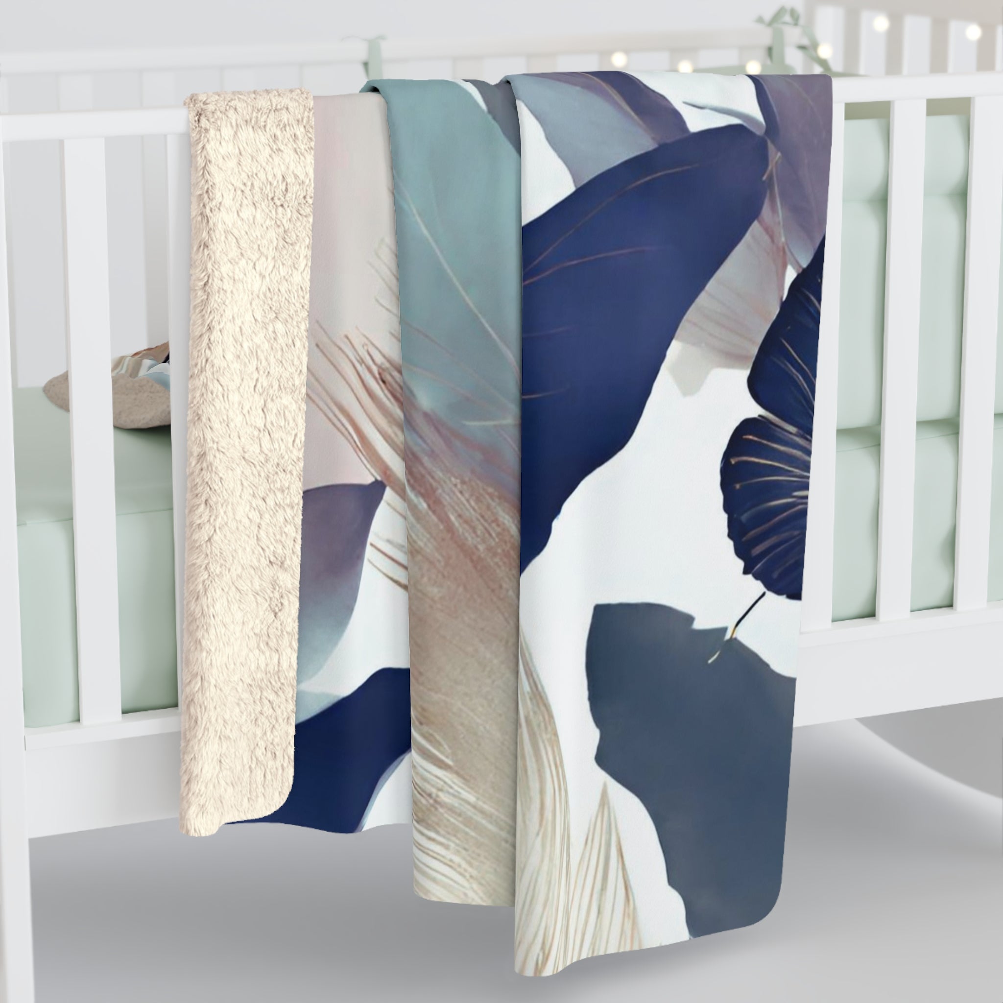 Floral Throw Blanket | Beige, Blue Abstract Leaves