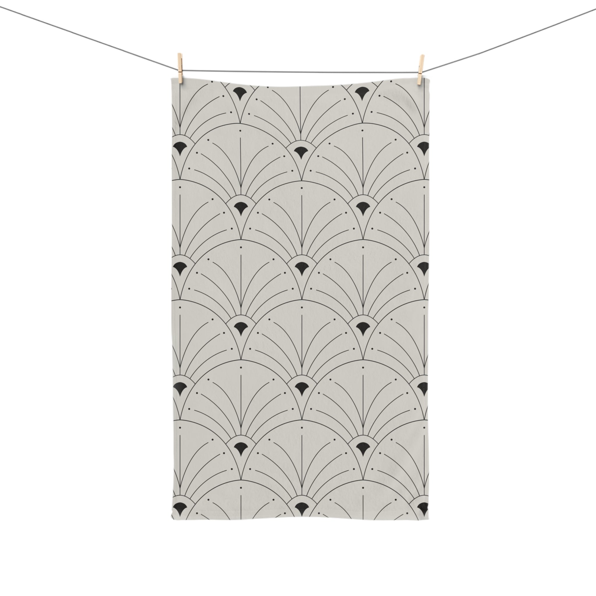 Boho Kitchen, Bath Hand Towel | Art Deco Nouveau Fan Grey Black