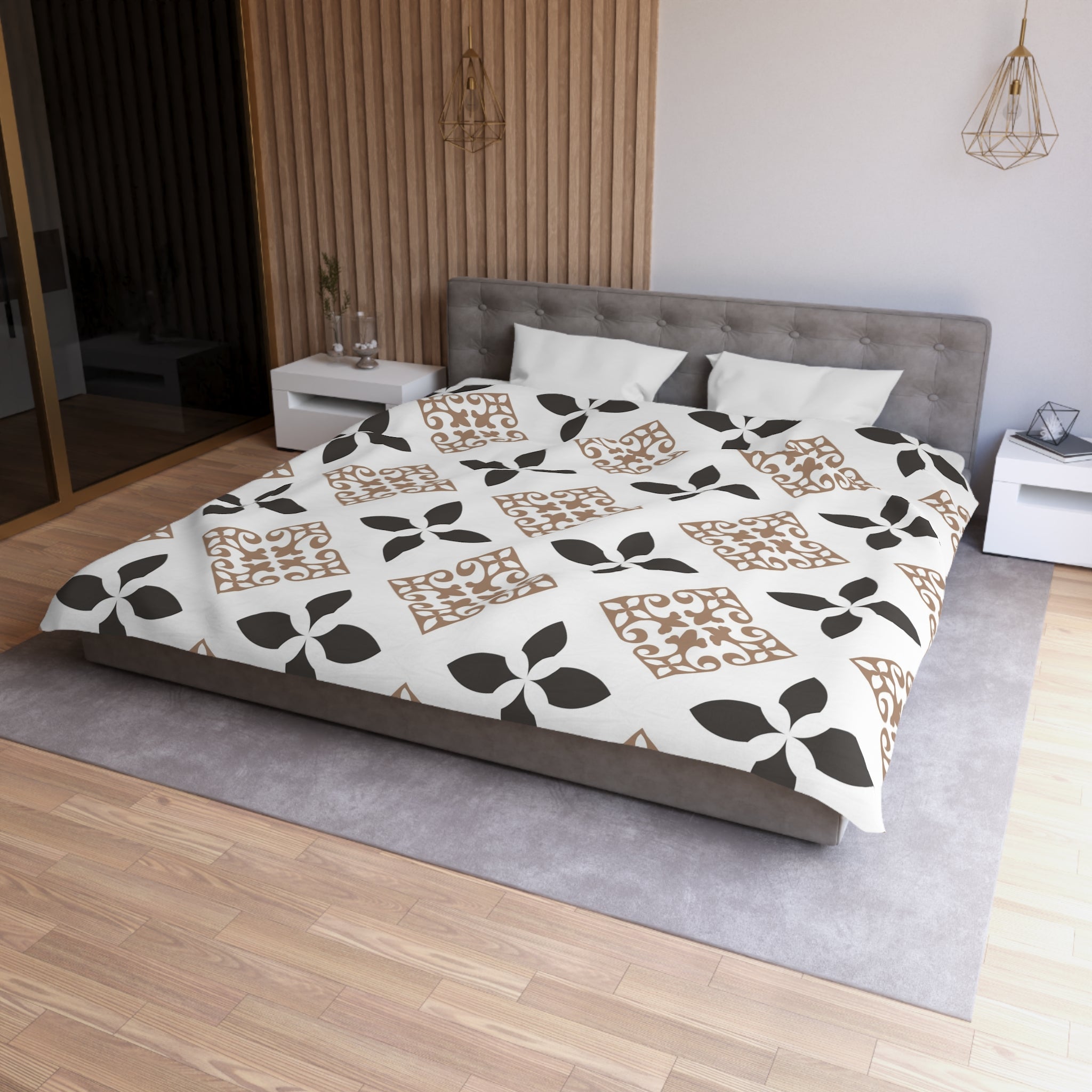 Retro Duvet Cover | White Black, Beige Art Deco Bedding | Bedroom Decor