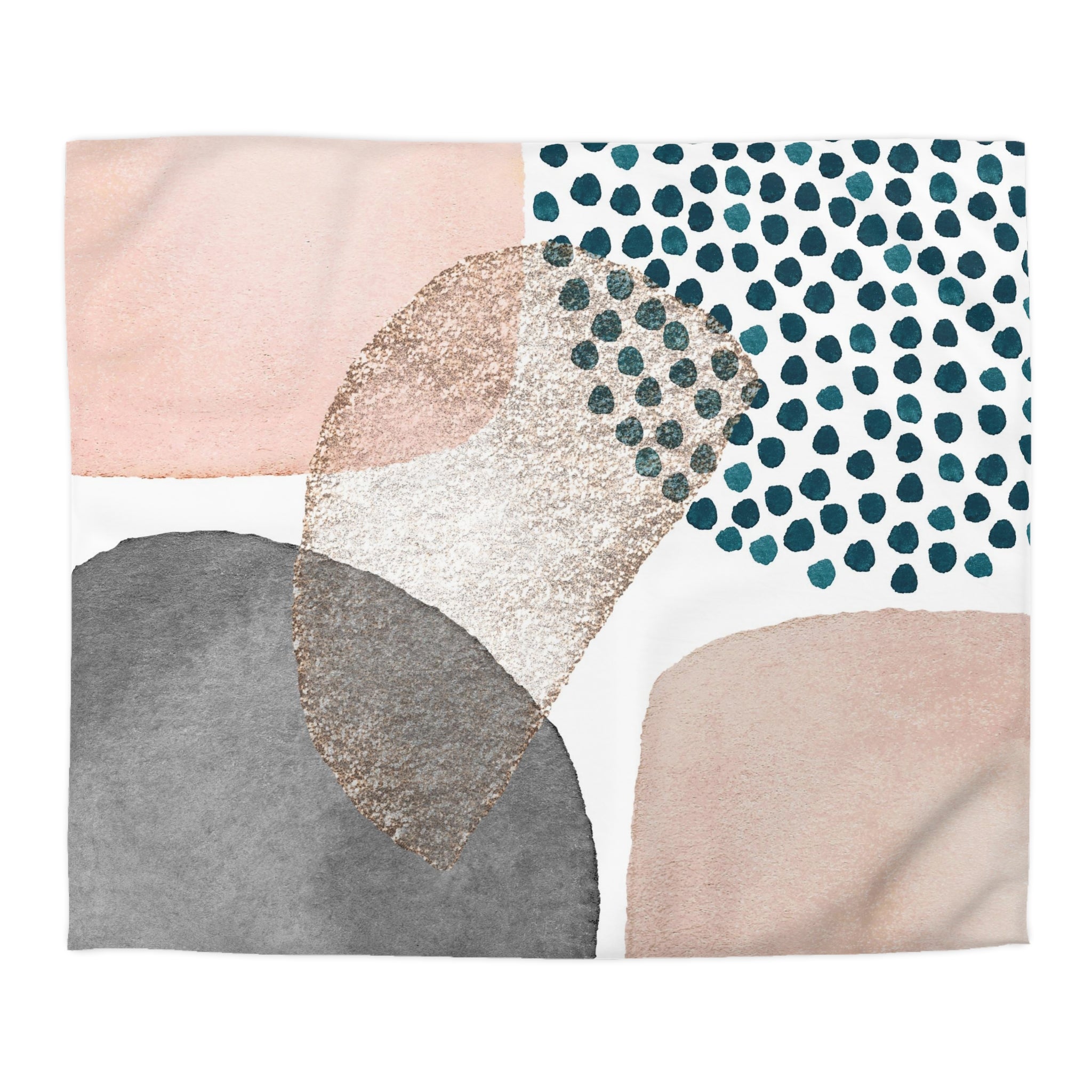 The image is a collage of abstract artworks featuring various shapes, textures, and patterns in shades of pink, blue, and gray.