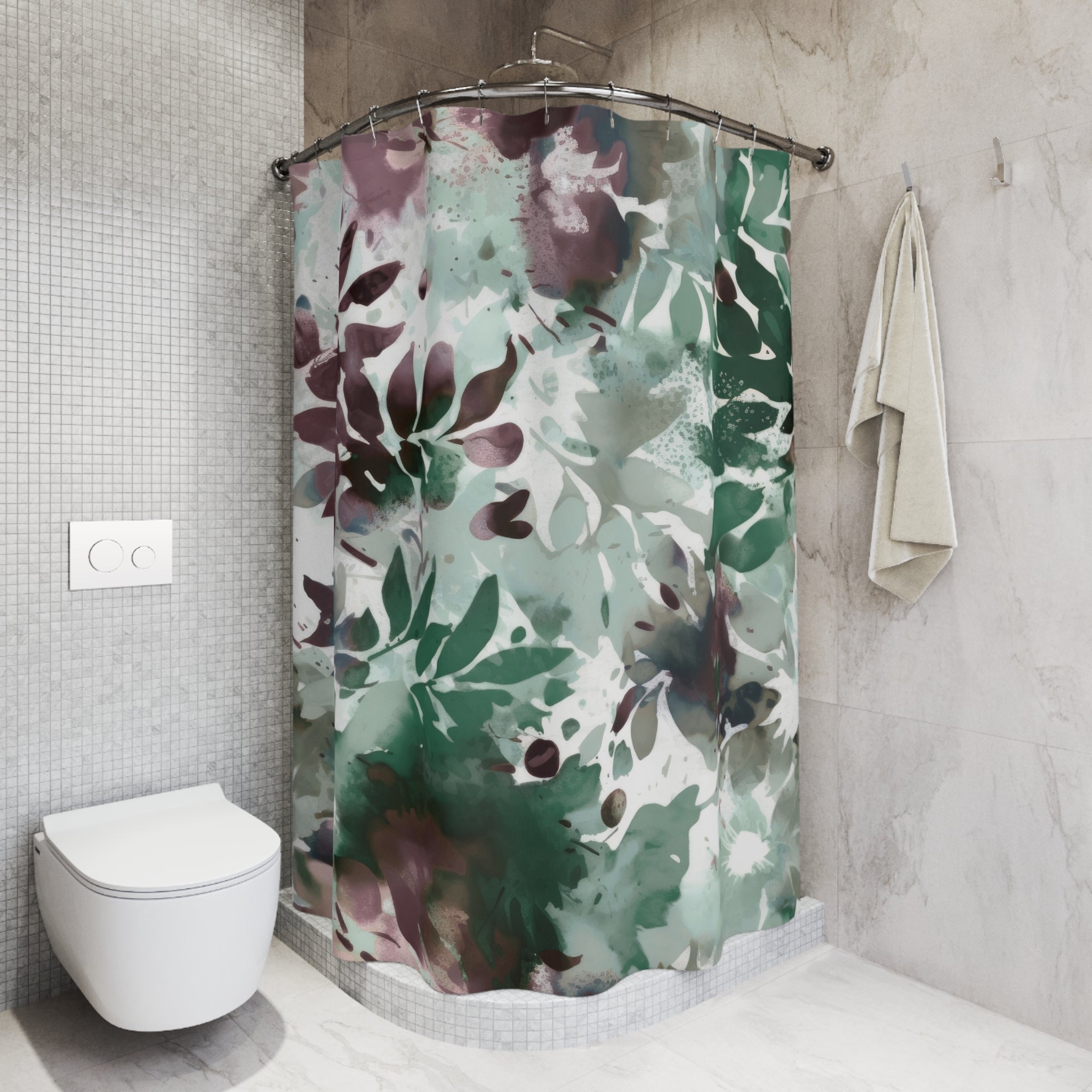 Boho Shower Curtain | Sage Green White Mauve Leaves, Colorful Floral Watercolor