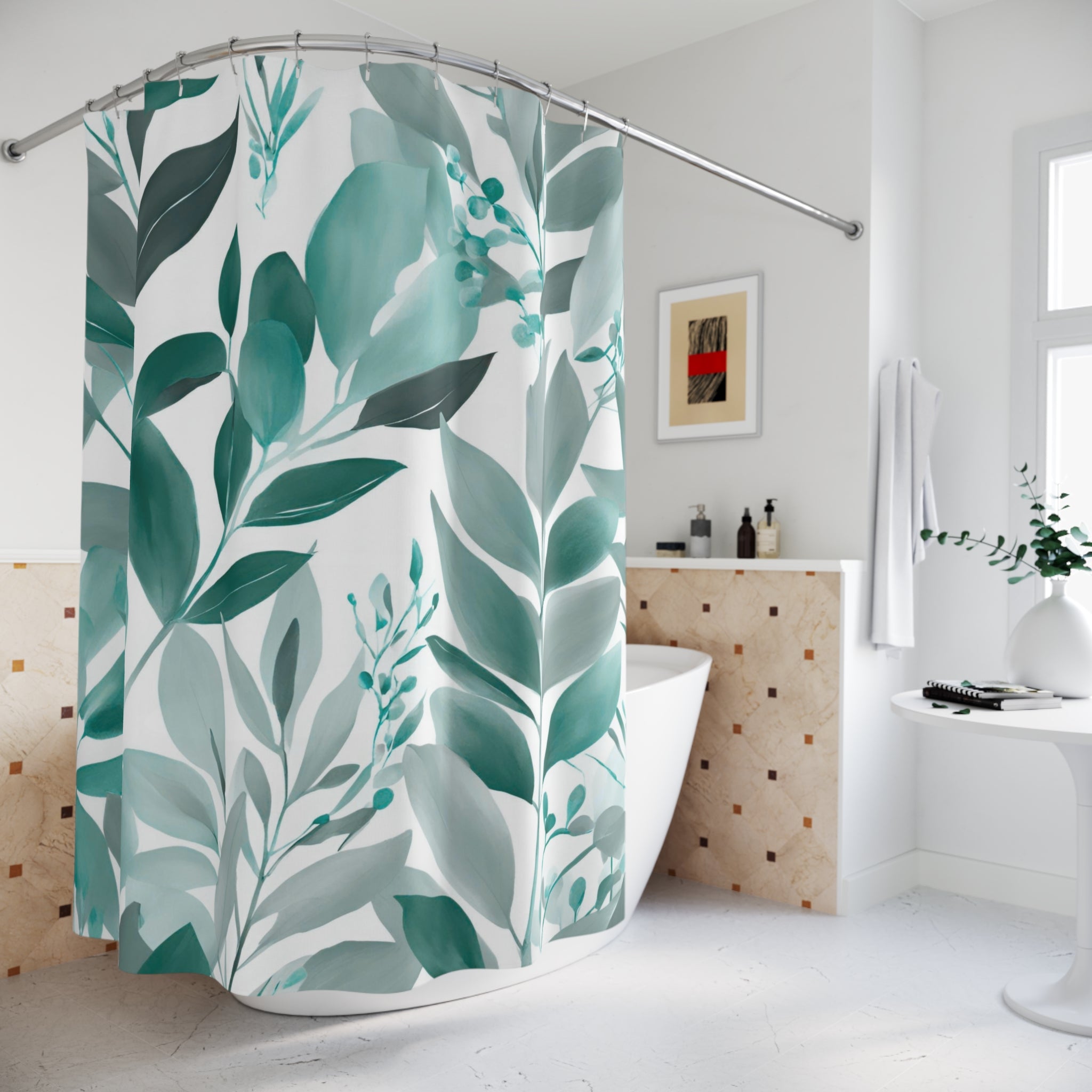 Floral Shower Curtain | Jungle Leaves, Teal Green, White Grey