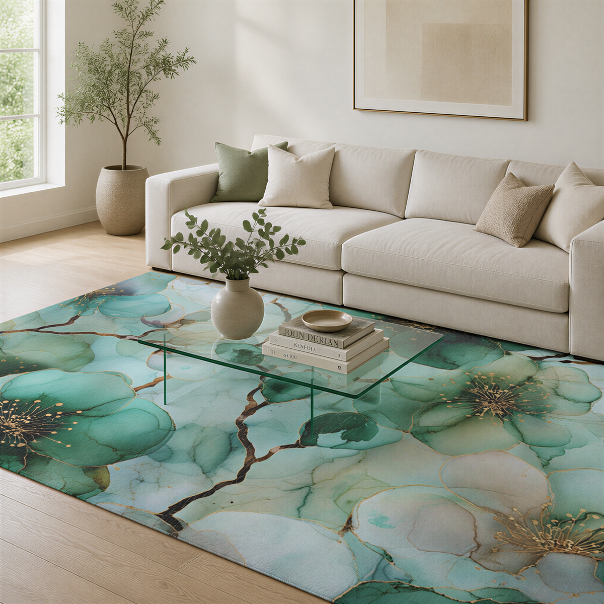 a living room with a white sofa, a glass coffee table, and a large abstract floral rug. The room has a minimalist and modern design, with a large window providing natural light and a potted plant adding a touch of greenery.
