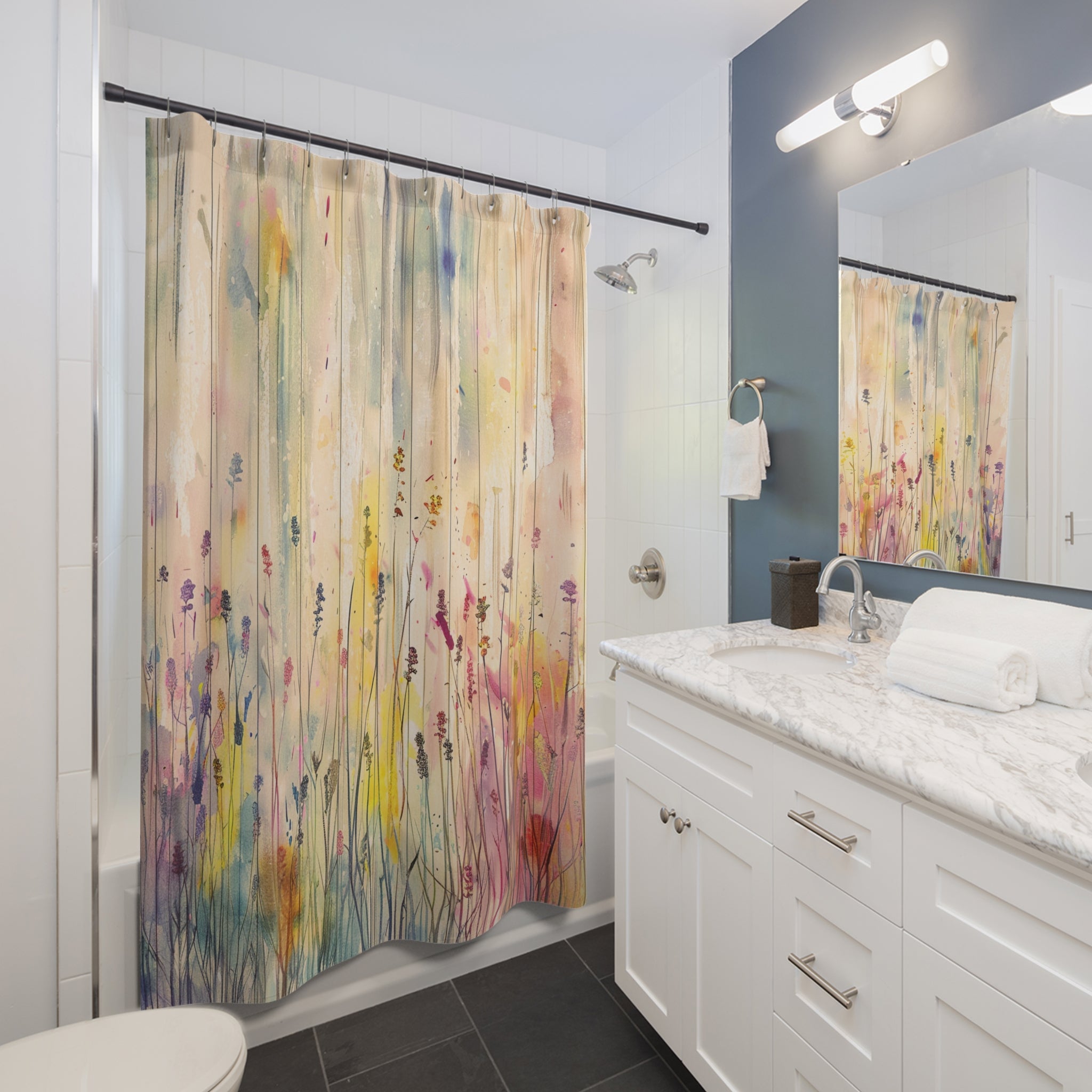 Colorful Watercolor Shower Curtain | Beige Pink Yellow