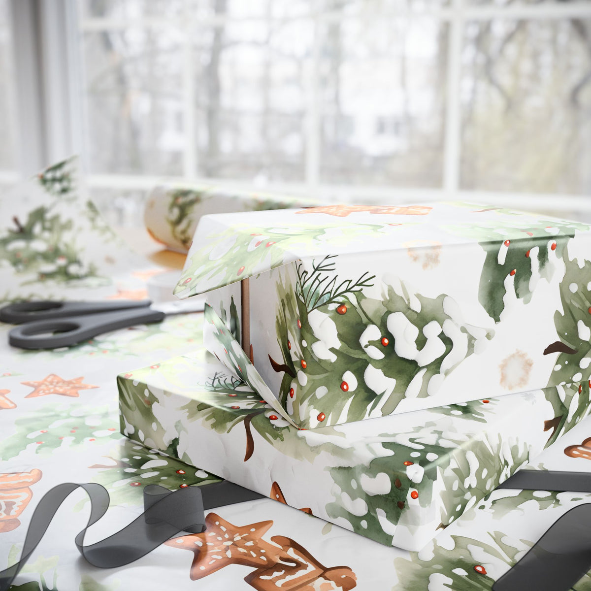 Snowy Pine Tree Gingerbread Christmas Wrapping Paper, Gift Wrap