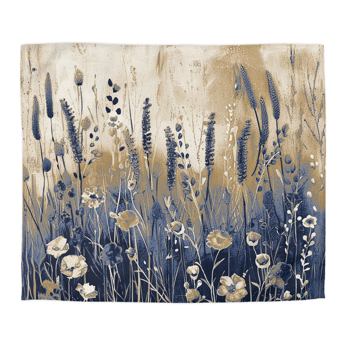a field of tall grass with various flowers and plants, including tall grasses and delicate flowers in shades of blue and white.