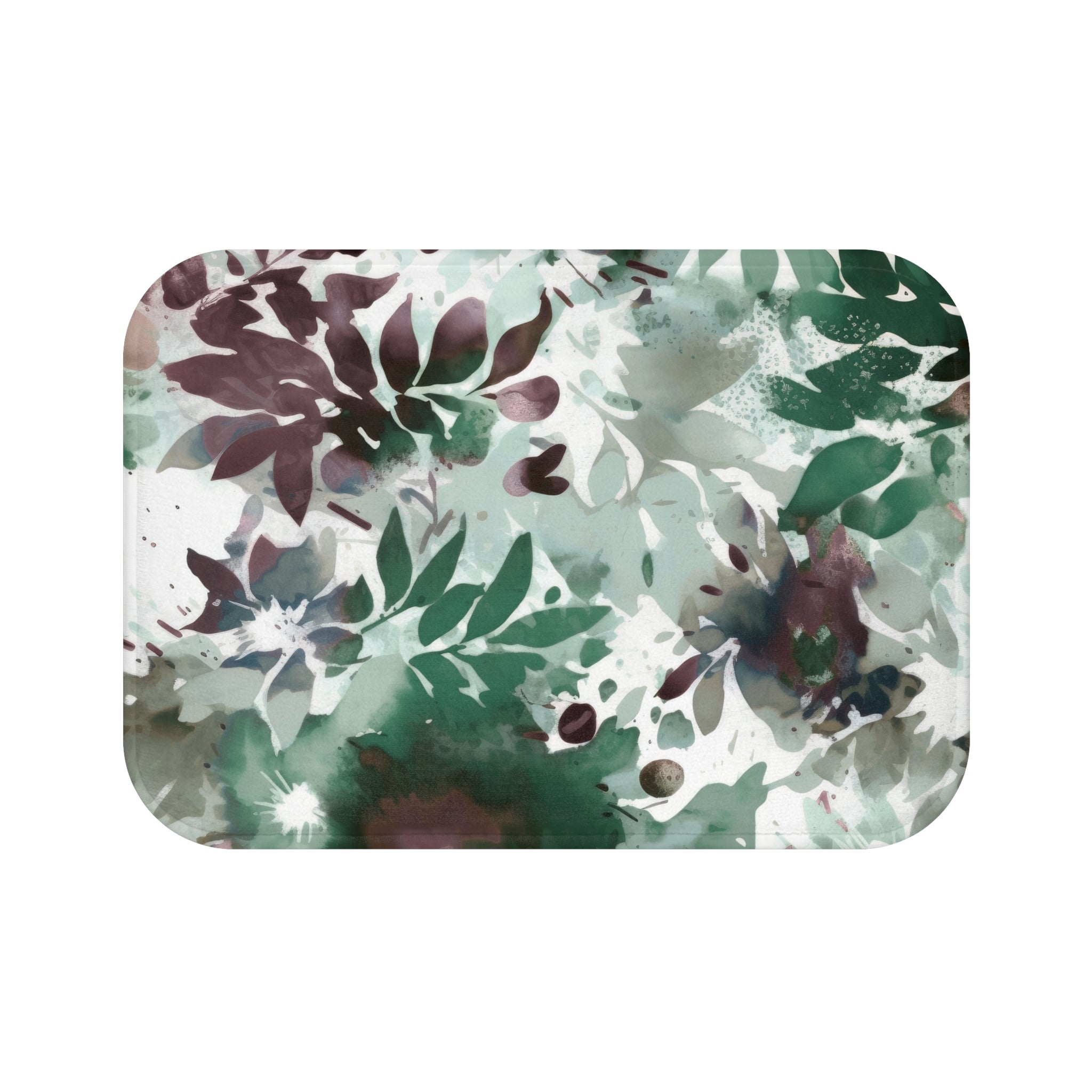 Abstract Bath Mat | Sage Green White Mauve Leaves, Colorful Floral Kitchen Mat