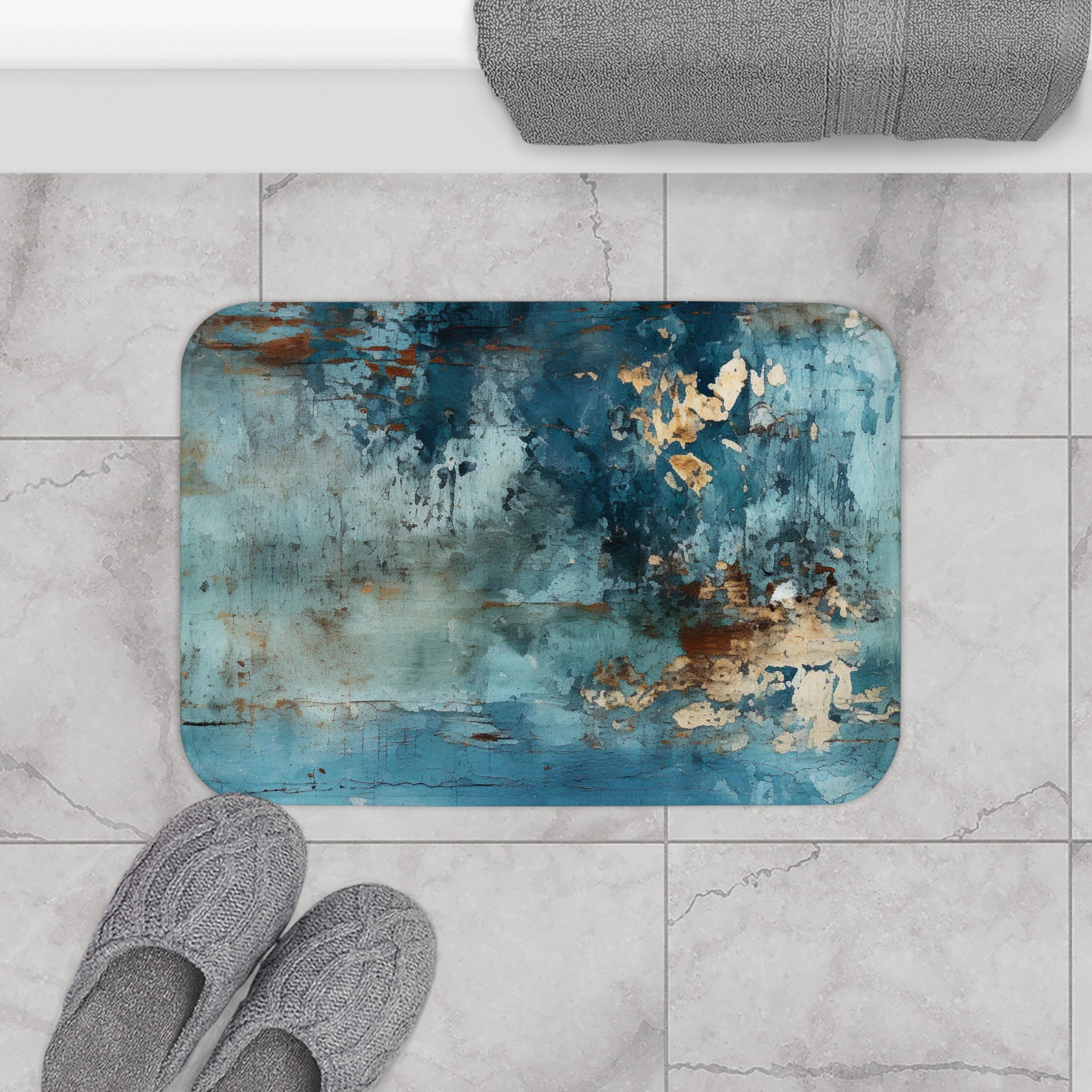 Rustic Bath Mat | Blue Faded Wooden Print