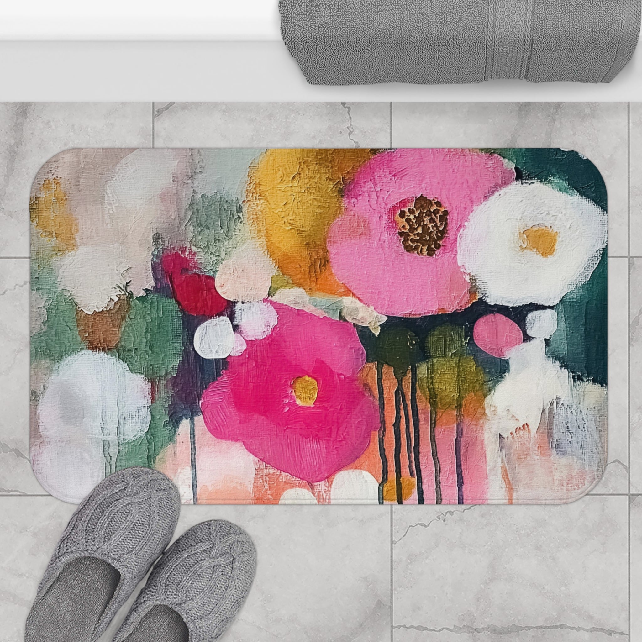 Abstract Floral Bath Mat | Pink White Teal Green Yellow Kitchen Mat